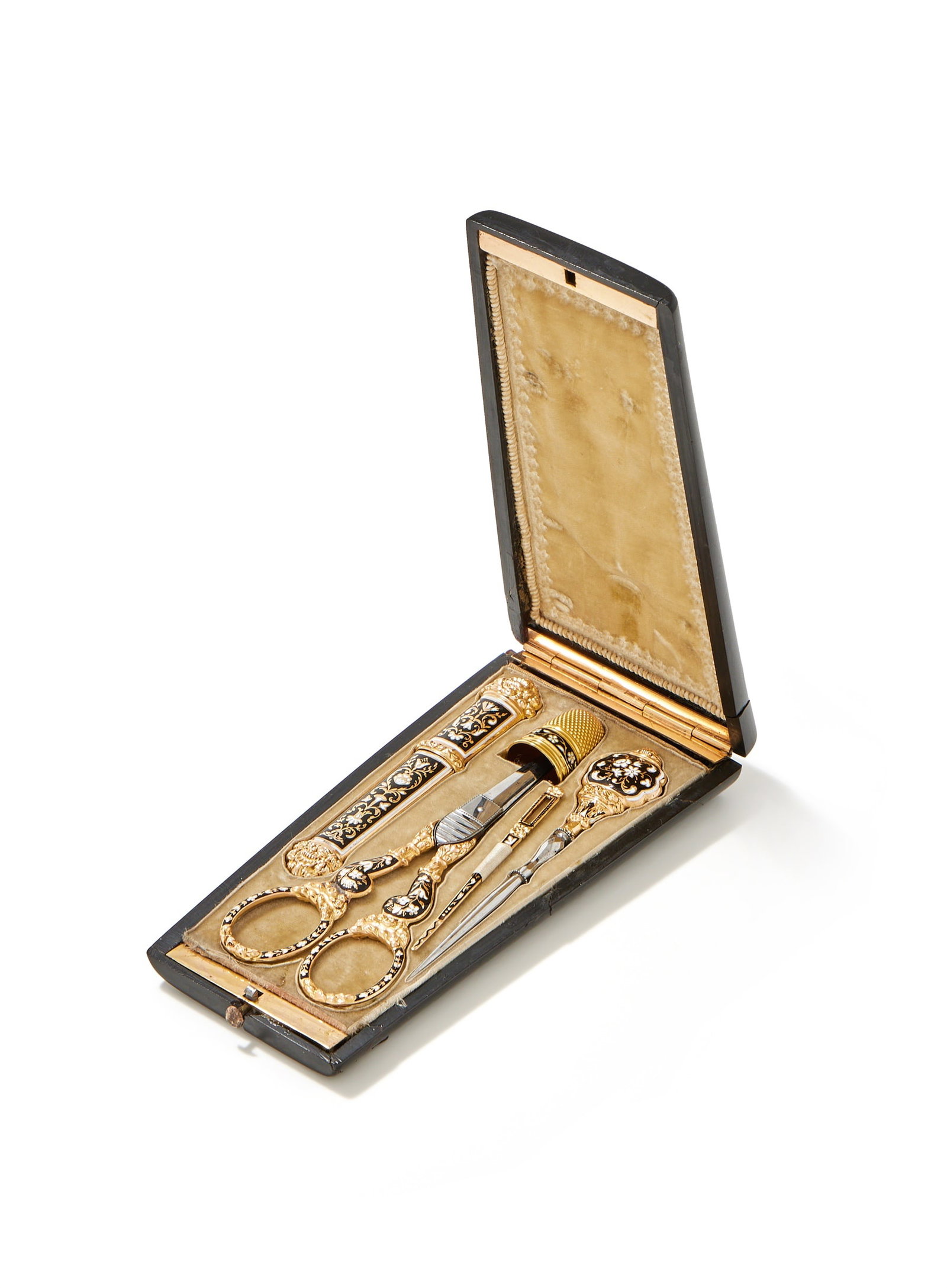 Y A FRENCH TORTOISESHELL AND GOLD PIQUE NECESSAIRE, 19TH CENTURY: Y A FRENCH TORTOISESHELL AND GOLD PIQUE NECESSAIRE19TH CENTURYThe cover inlaid with a floral border, the centre with foliate swags and a vacant oval reserve, opening to a suede interior with a gold an