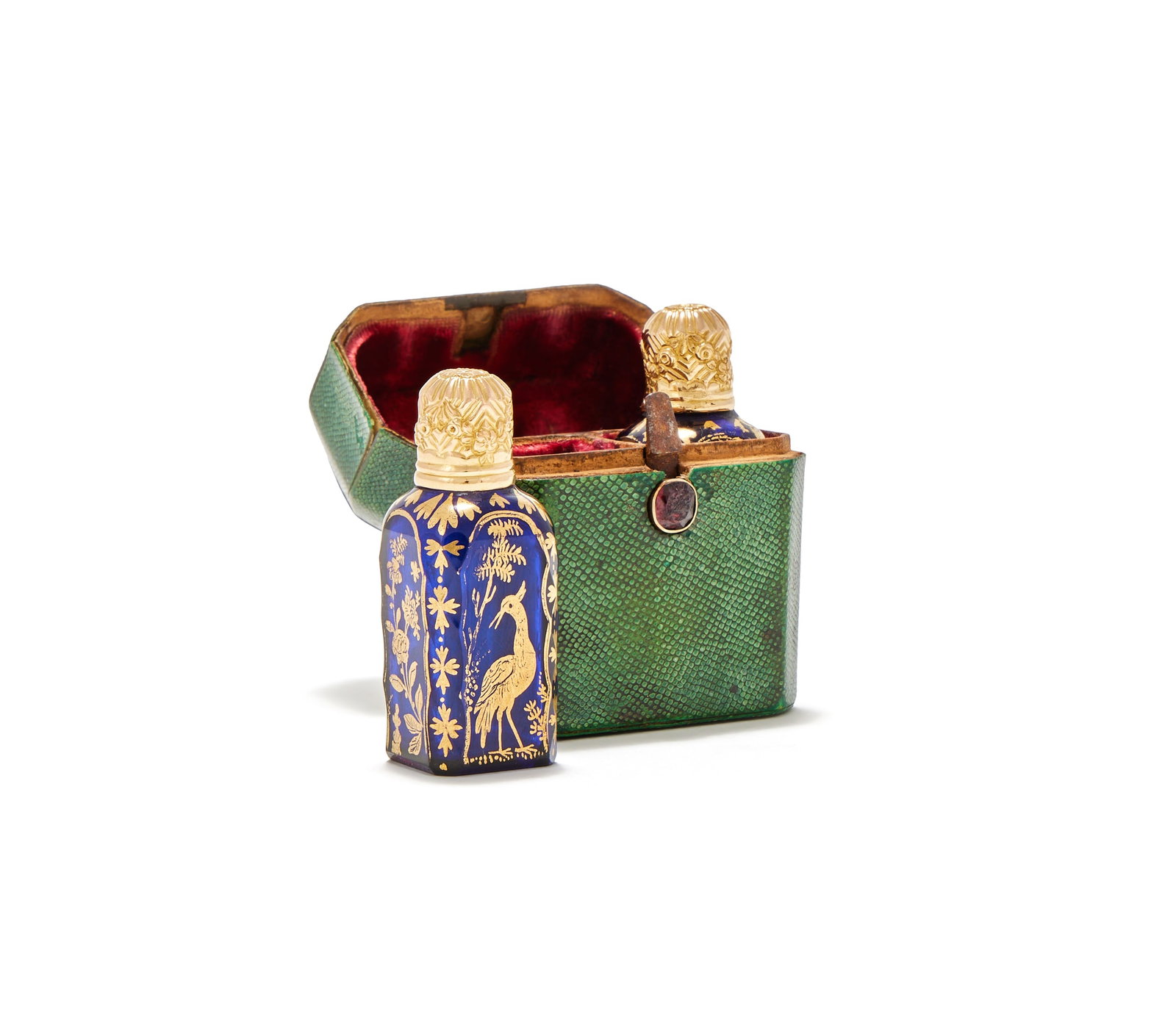 A PAIR OF GEORGE III INLAID BLUE GLASS SCENT BOTTLES WITH GOLD COVERS, POSSIBLY JAMES GILES WORKSHOP (1 of 2)