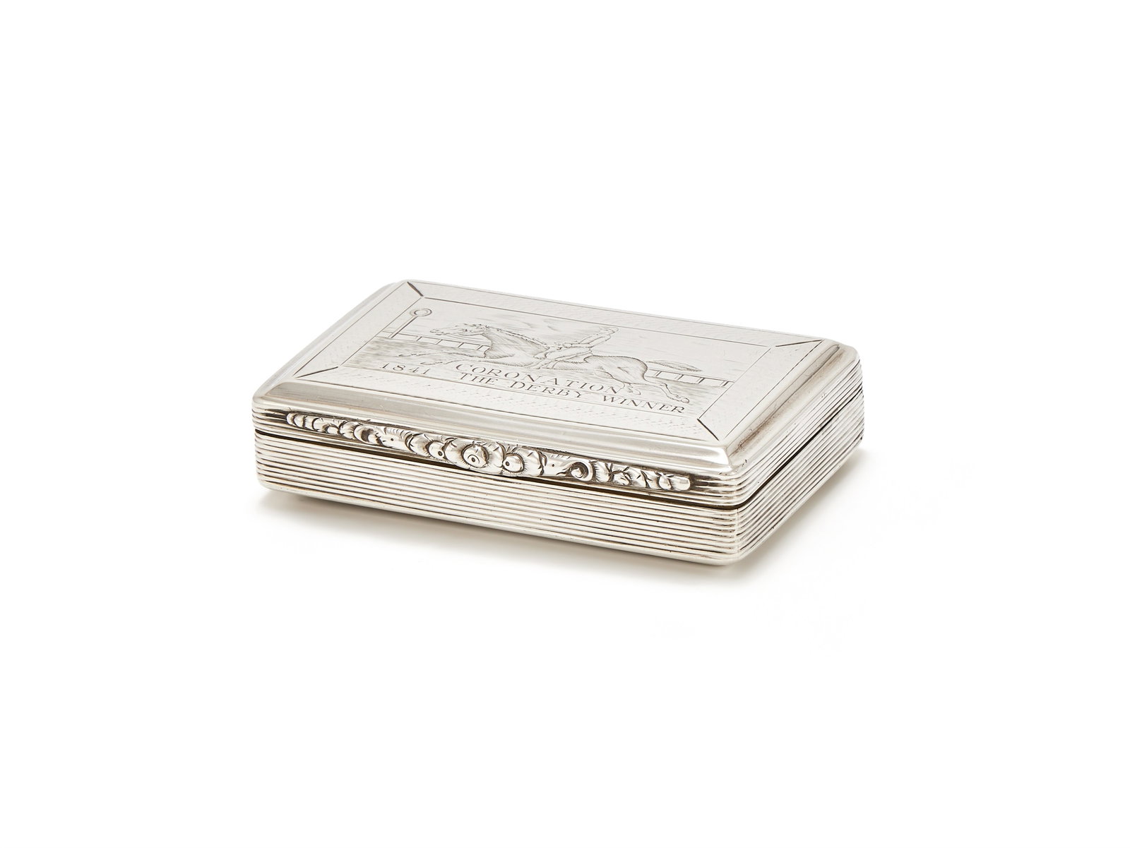 A VICTORIAN SILVER RECTANGULAR SNUFF BOX, FRANCIS CLARK, BIRMINGHAM 1841: A VICTORIAN SILVER RECTANGULAR SNUFF BOXFRANCIS CLARK, BIRMINGHAM 1841With reeded sides and a chased floral thumb piece, the cover engraved with a horse and jockey and 'Coronation 1841 The Derby Winne