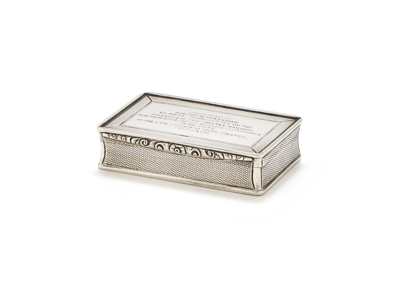 A VICTORIAN SILVER RECTANGULAR SNUFF BOX, EDWARD SMITH, BIRMINGHAM 1846: A VICTORIAN SILVER RECTANGULAR SNUFF BOXEDWARD SMITH, BIRMINGHAM 1846With engine turned decoration and a chased foliate thumb piece, the cover engraved 'Presented to Solomon Speakman by fifty contract