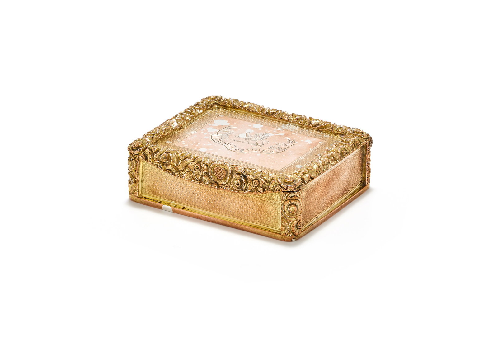 A VICTORIAN SILVER GILT RECTANGULAR SNUFF BOX, BARNEY BARNETT OF HULL, BIRMINGHAM 1881: A VICTORIAN SILVER GILT RECTANGULAR SNUFF BOXBARNEY BARNETT OF HULL, BIRMINGHAM 1881With chased floral and shell borders, engine turned decoration, engraved with a crest and motto, the interior engrav