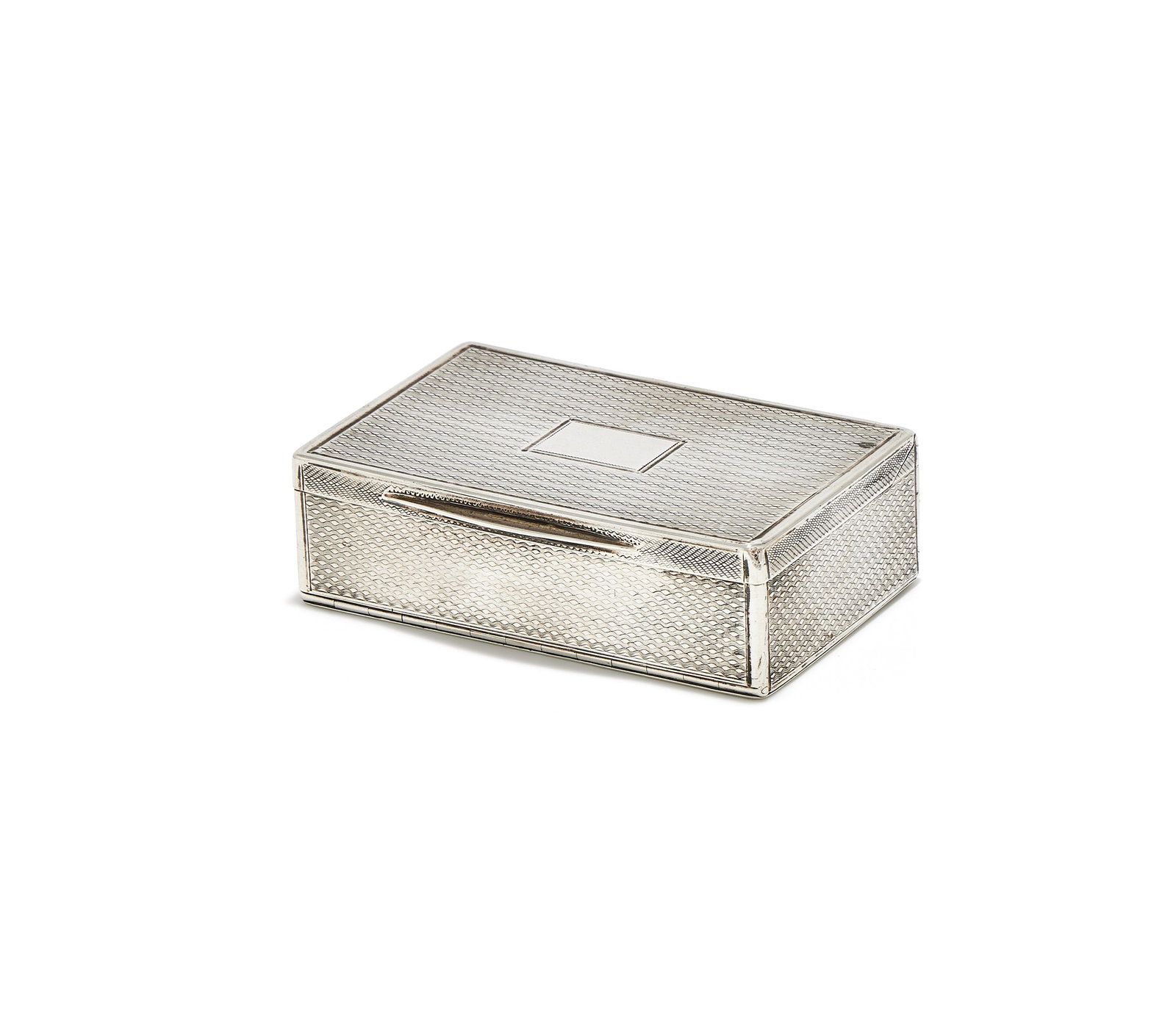 A GEORGE III SILVER MUSICAL BOX, MAKER'S MARK I.B, LONDON 1814: A GEORGE III SILVER MUSICAL BOXMAKER'S MARK I.B, LONDON 1814With engine turned decoration and a rectangular vacant reserve to the cover, musical movement to compartment beneath8cm long