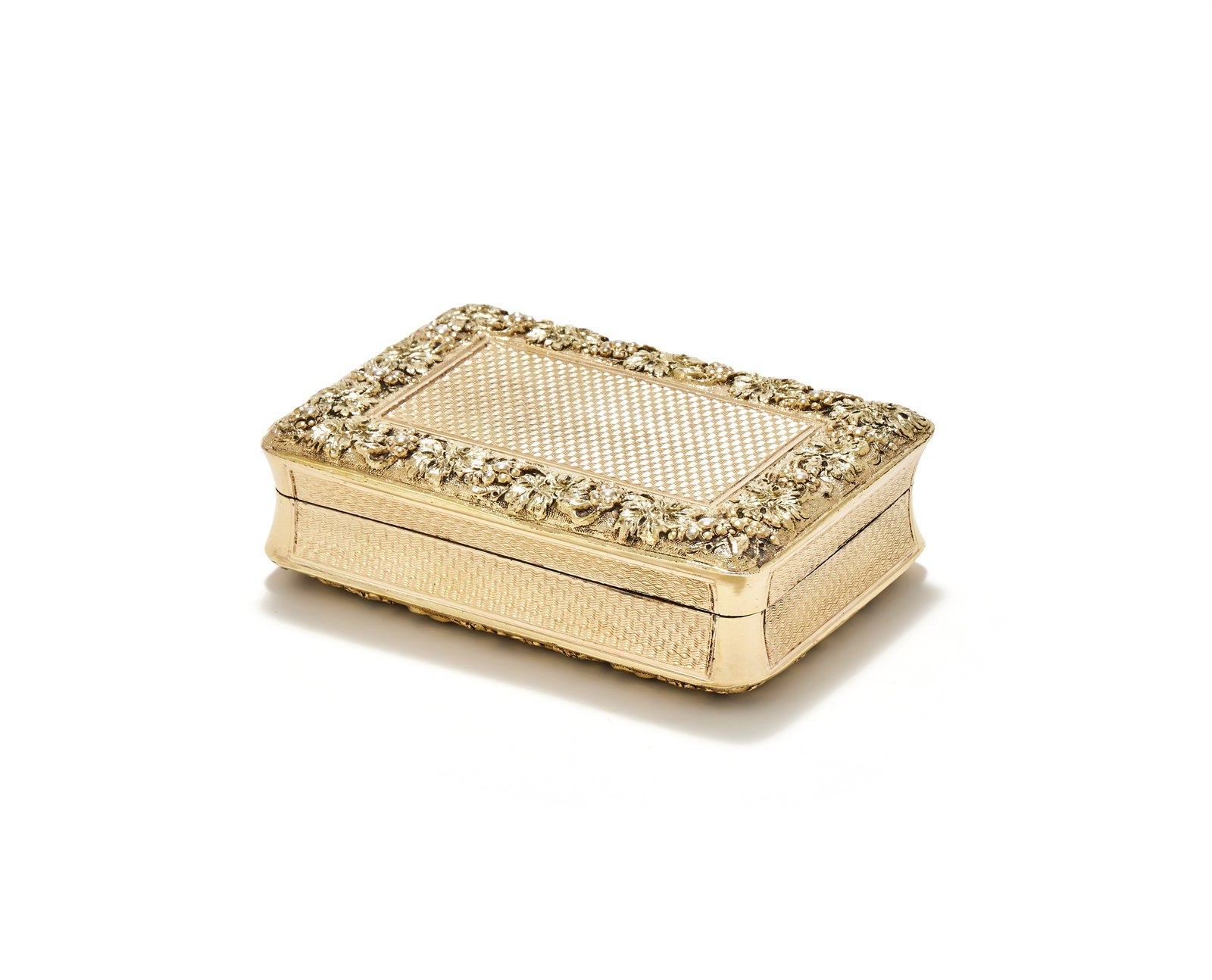 A GEORGE III SILVER GILT RECTANGULAR SNUFF BOX, DANIEL HOCKLEY, LONDON 1813: A GEORGE III SILVER GILT RECTANGULAR SNUFF BOXDANIEL HOCKLEY, LONDON 1813With engine turned decoration and chased grape vine borders, the interior lip engraved 'J. H. F. from M. L. and daughters 23rd