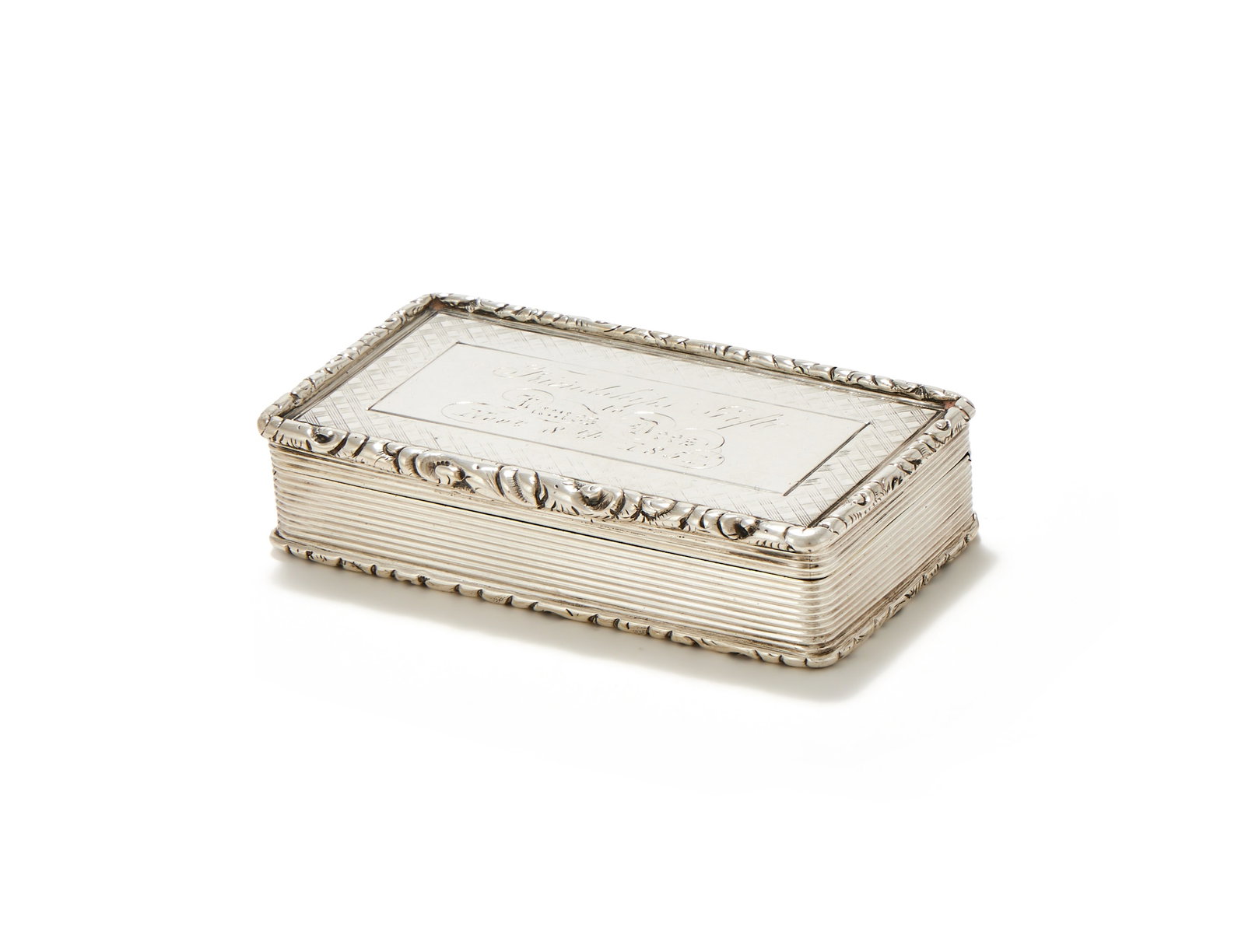 A VICTORIAN SILVER RECTANGULAR SNUFF BOX, FRANCIS CLARK, BIRMINGHAM 1846: A VICTORIAN SILVER RECTANGULAR SNUFF BOXFRANCIS CLARK, BIRMINGHAM 1846With a chased foliate thumb piece and borders, the cover engraved with a presentation inscription 8cm long95g (3.05 oz)