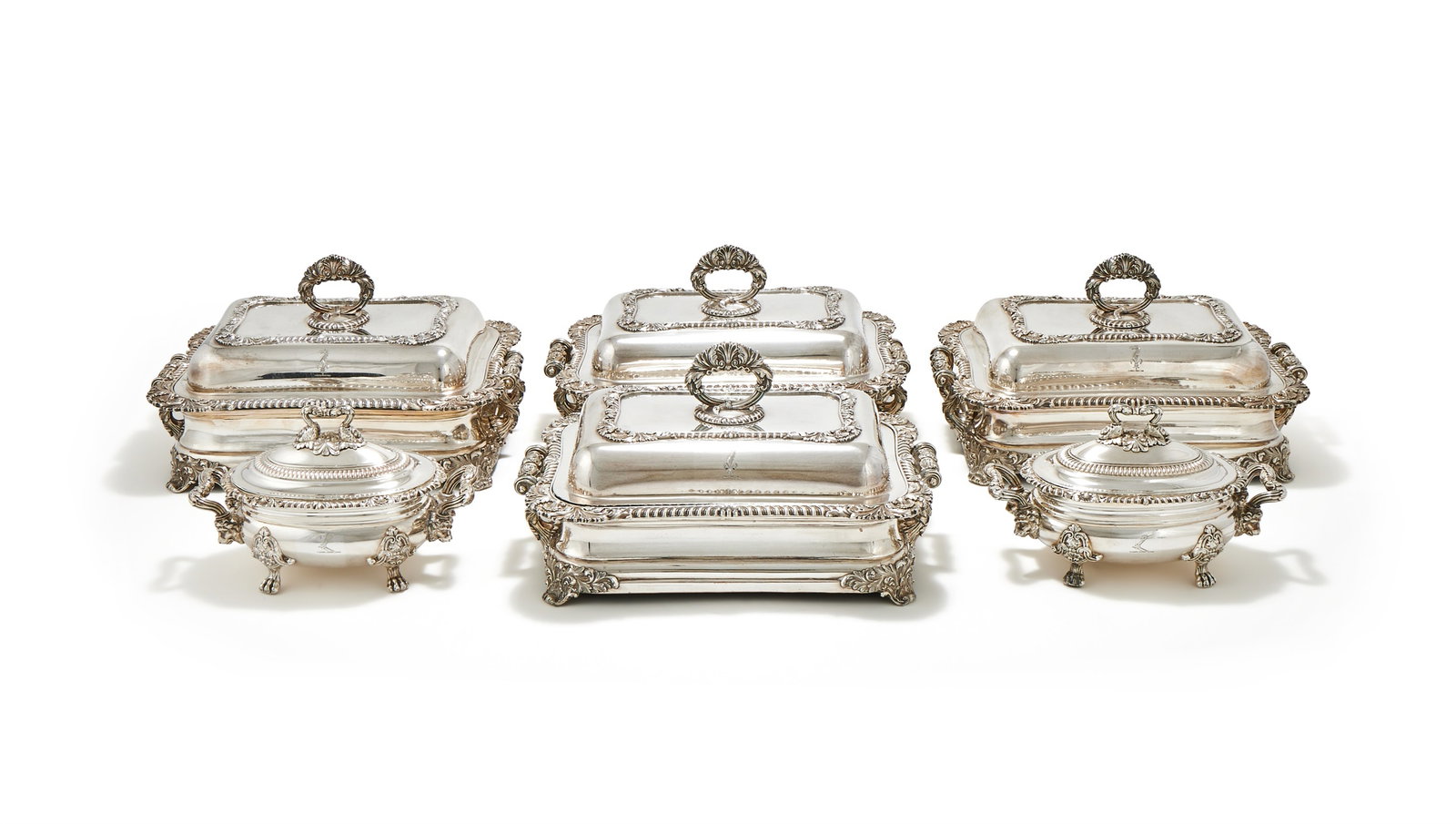 A SET OF FOUR REGENCY OLD SHEFFIELD PLATE ENTREE DISHES AND A PAIR OF SAUCE TUREENS (1 of 3)