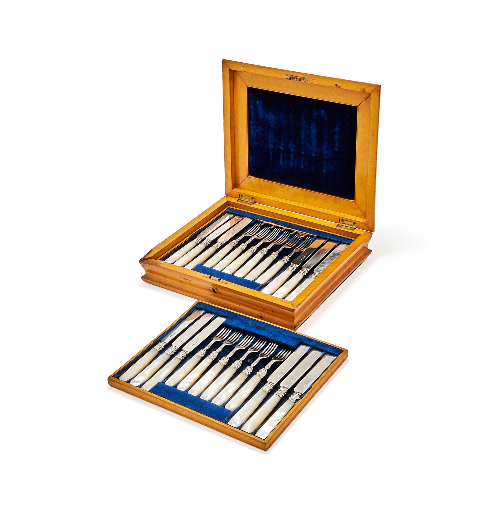 Y A CASED SET OF EIGHTEEN VICTORIAN SILVER AND MOTHER OF PEARL HANDLED FRUIT KNIVES AND FORKS (1 of 2)