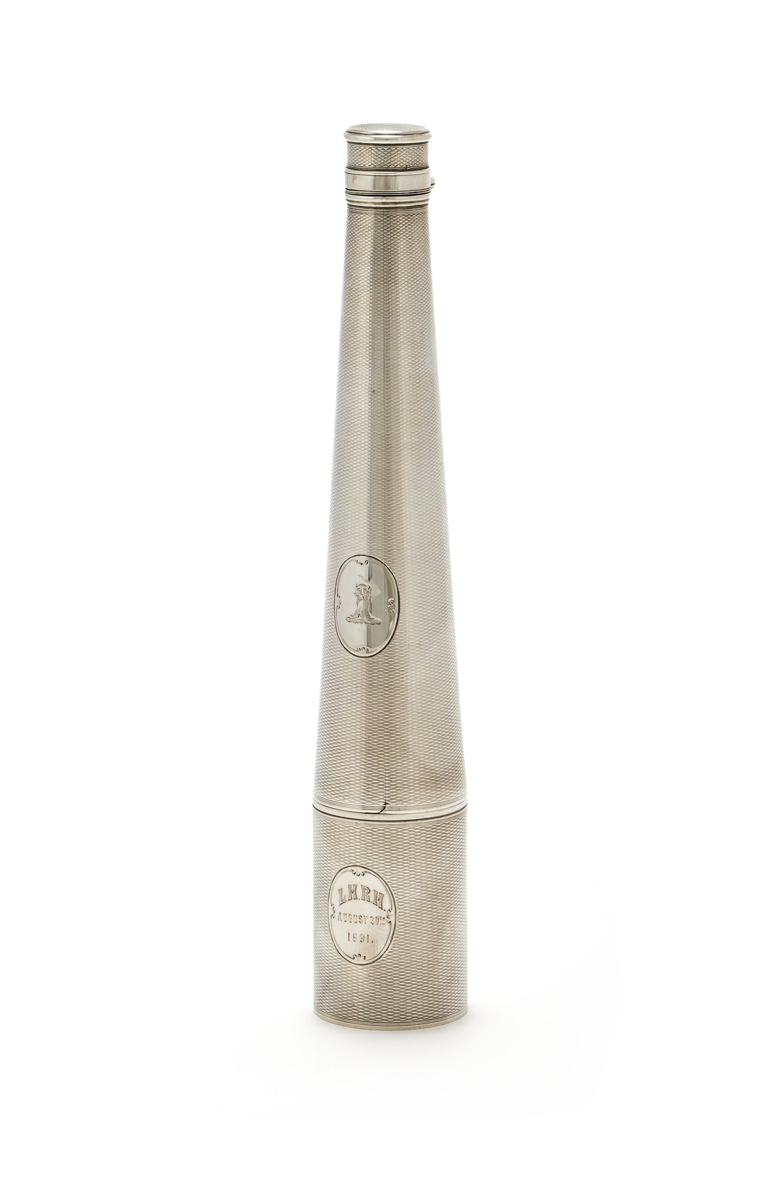 A VICTORIAN SILVER TAPERING SPIRIT FLASK, ELKINGTON & CO., BIRMINGHAM 1850: A VICTORIAN SILVER TAPERING SPIRIT FLASKELKINGTON & CO., BIRMINGHAM 1850With engine turned decoration, the body engraved with a crest within an oval reserve, the pull off beaker engraved 'L.H.R.H Augu