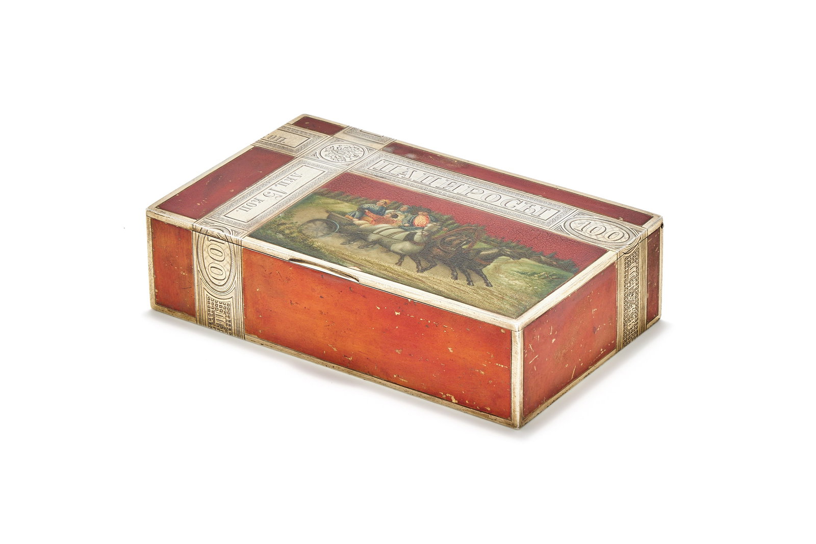A RUSSIAN SILVER AND ENAMEL TROMPE L'OEIL CIGARETTE BOX, MAKER'S MARK CYRILLIC ZK, KOKOSHNIK MARK 18 (1 of 3)