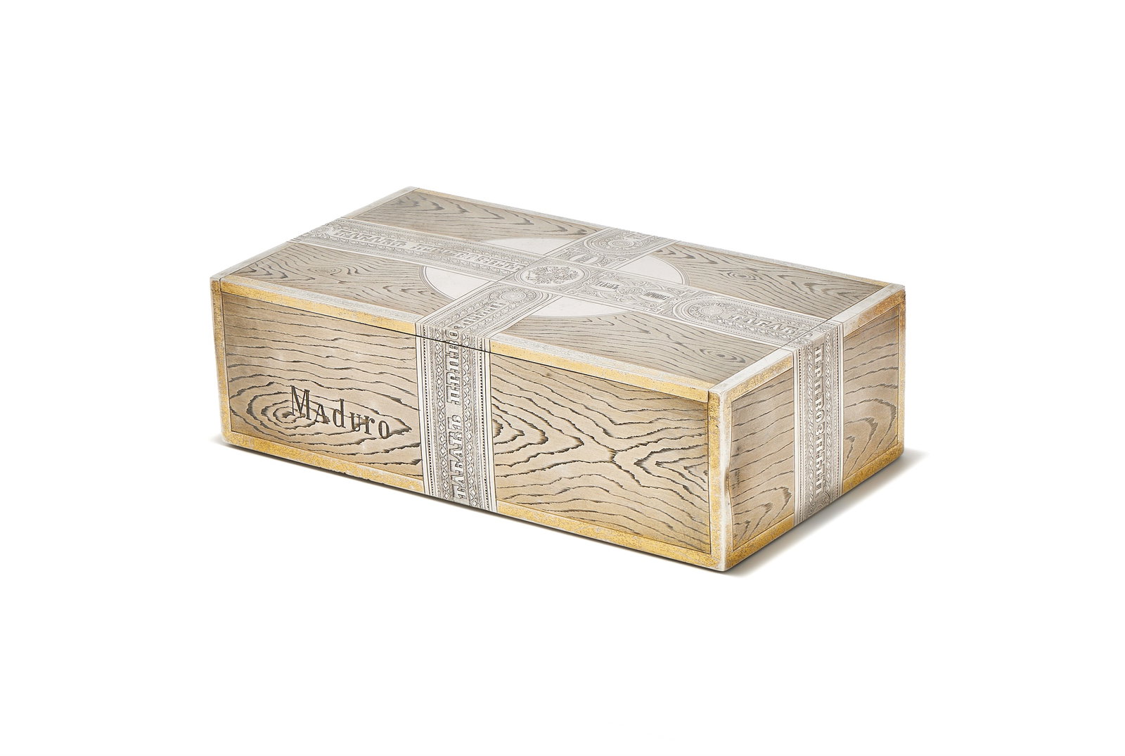 A RUSSIAN SILVER TROMPE L'OEIL CIGAR BOX, SAZIKOV, ST PETERSBURG 1874, IMPERIAL WARRANT MARK: A RUSSIAN SILVER TROMPE L'OEIL CIGAR BOXSAZIKOV, ST PETERSBURG 1874, IMPERIAL WARRANT MARKEngraved to simulate a cigar box with wood grain, tax bands with Imperial Eagles and Maduro22cm long865g (27.8