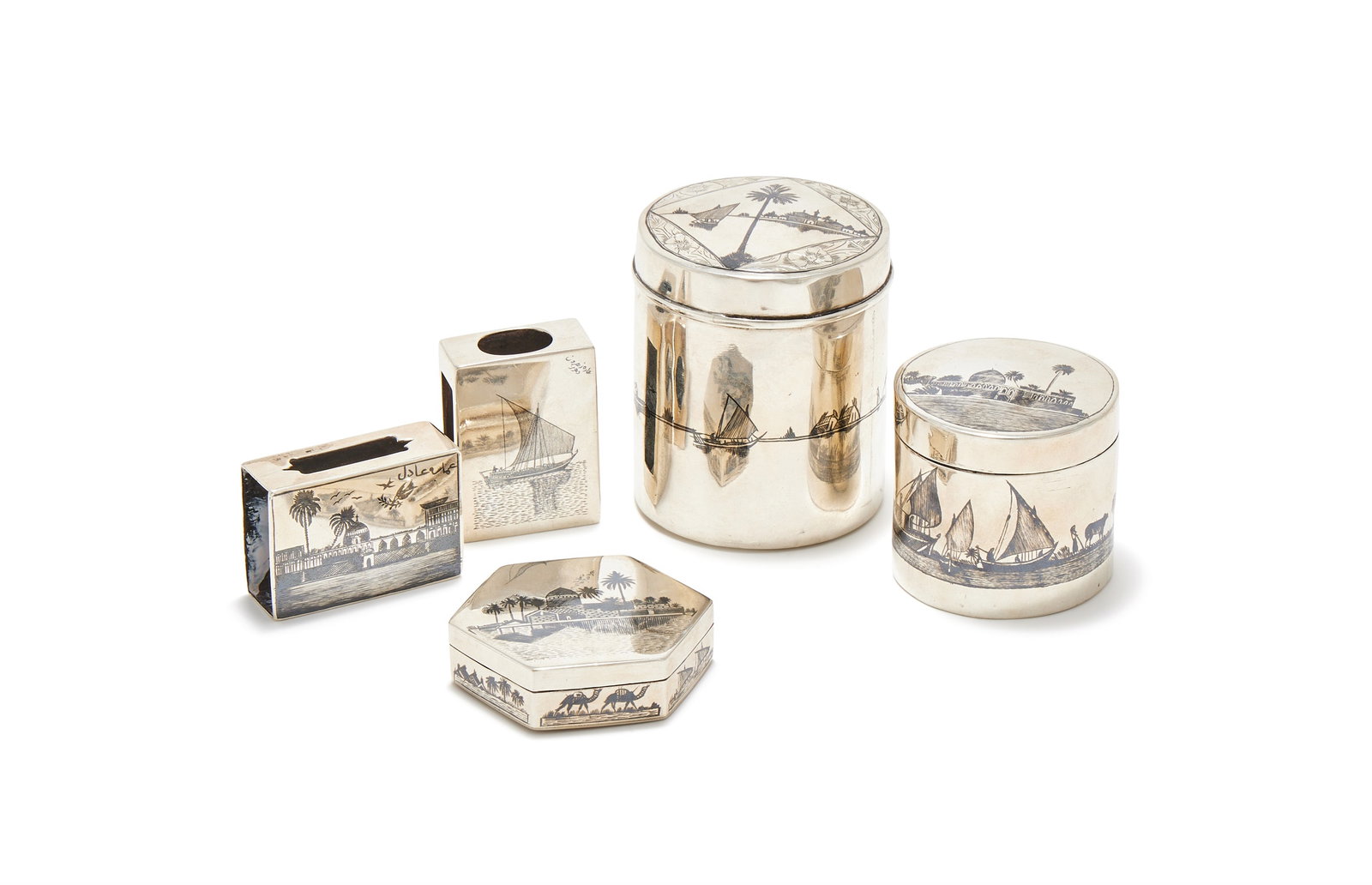 THREE EGYPTIAN SILVER AND NIELLO BOXES AND TWO MATCHBOX HOLDERS, UNMARKED (1 of 1)
