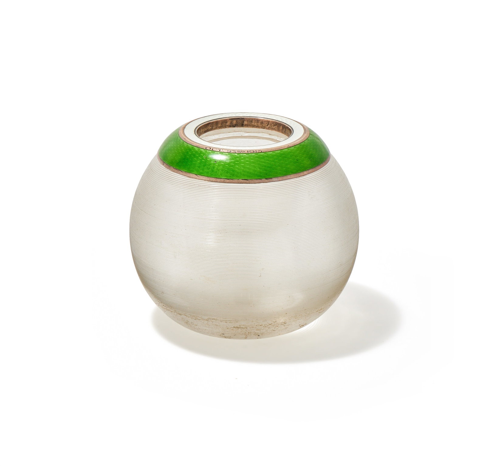 A SILVER MOUNTED AND ENAMEL GLOBULAR MATCH STRIKER: ASILVER MOUNTED AND ENAMEL GLOBULAR MATCH STRIKERFINNIGANS LTD., LONDON 1913With bands of green and white guilloche enamel, engraved Oct. 23rd 191512cm diameterProvenance:From a Collection of Smoking 