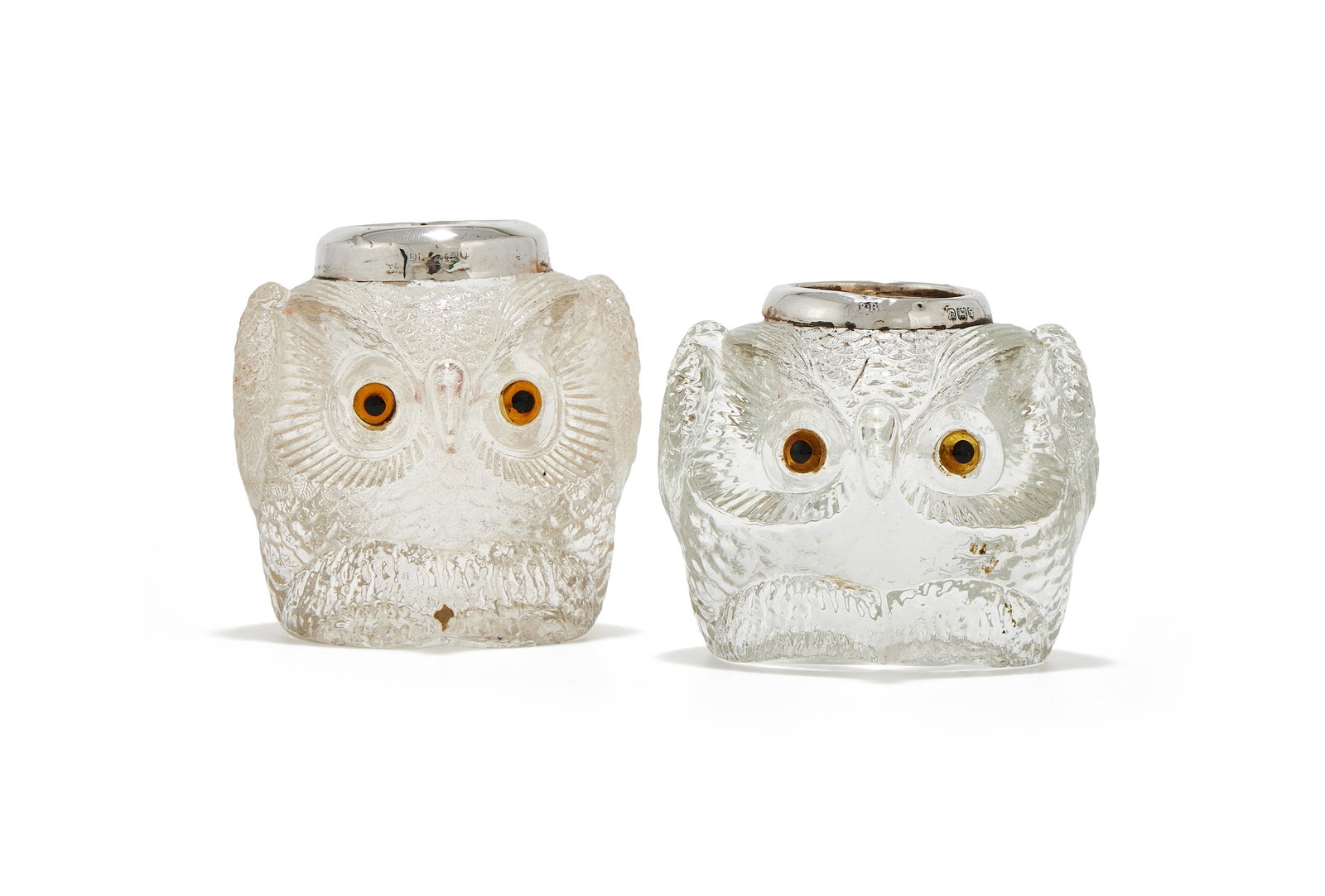 TWO EDWARDIAN SILVER MOUNTED AND CUT GLASS OWL MATCH STRIKERS (1 of 3)