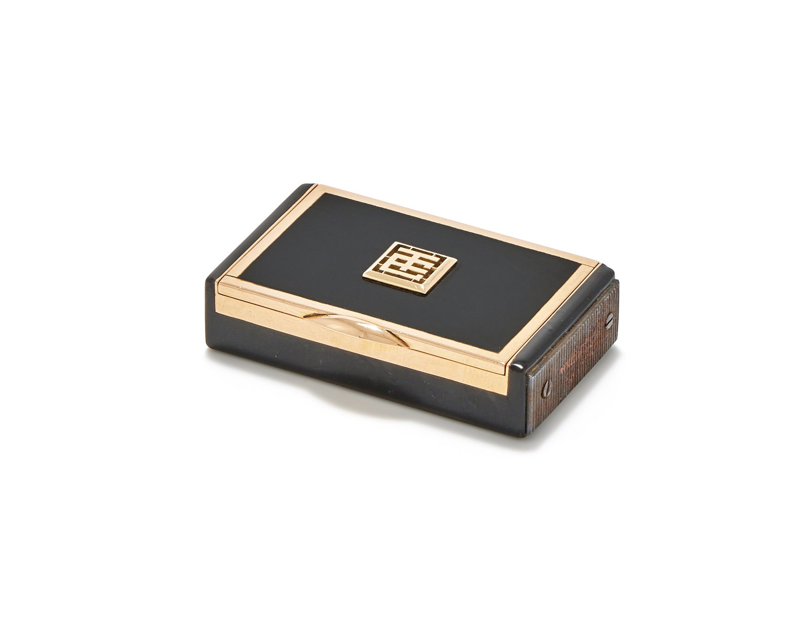 AN ART DECO FRENCH ENAMEL VESTA BOX, CIRCA 1920: AN ART DECO FRENCH ENAMEL VESTA BOXCIRCA 1920The hinged lid with a gold monogram and gold hinged mounts, a steel rasp to one endThe lid mounts with French gold poinçons, indistinct maker's marks 