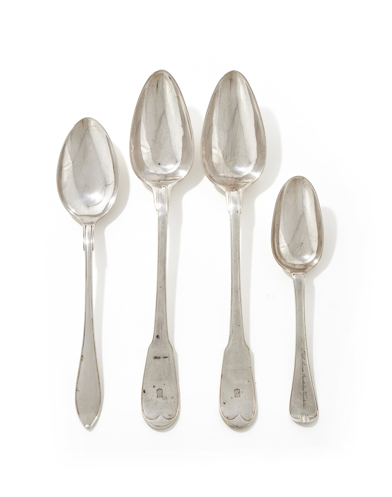 A PAIR OF SWEDISH SILVER FIDDLE PATTERN SERVING SPOONS AND TWO OTHER SPOONS (1 of 2)