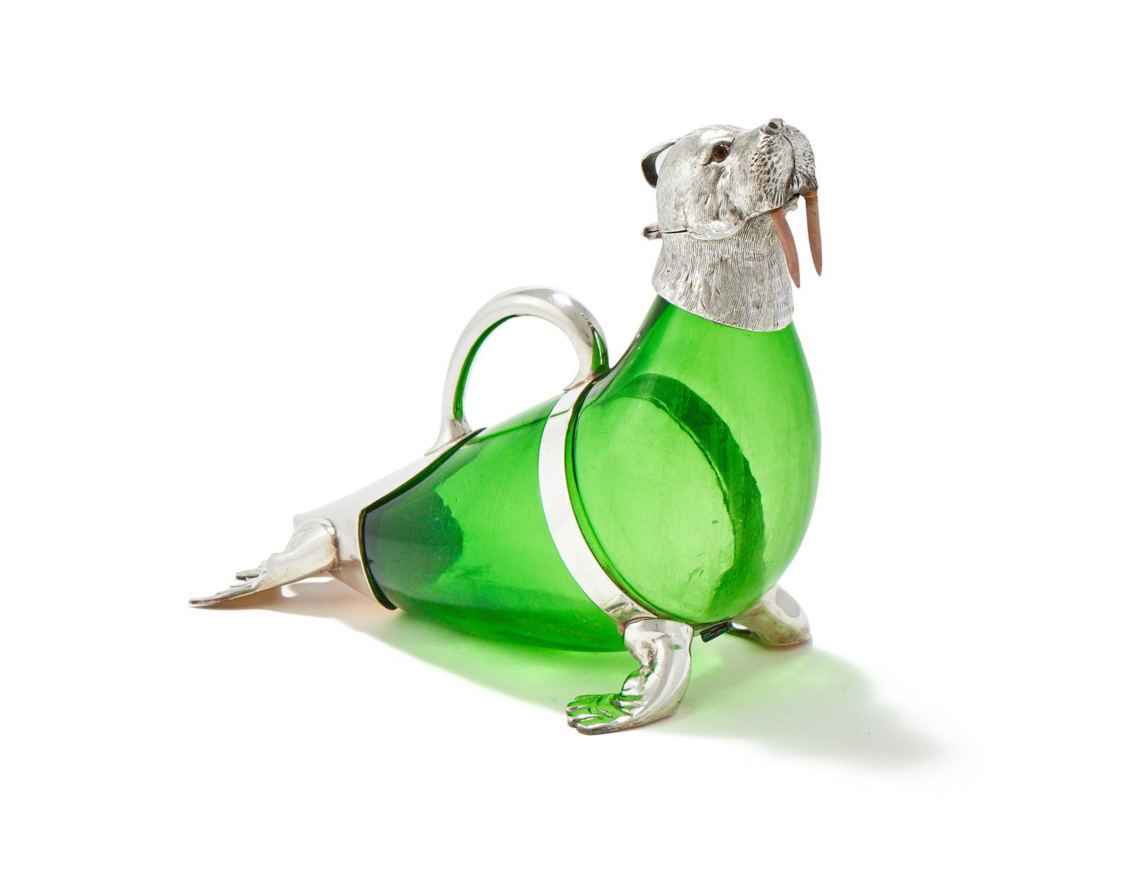 AN ELECTRO-PLATED AND GREEN GLASS WALRUS CLARET JUG, UNMARKED (1 of 3)