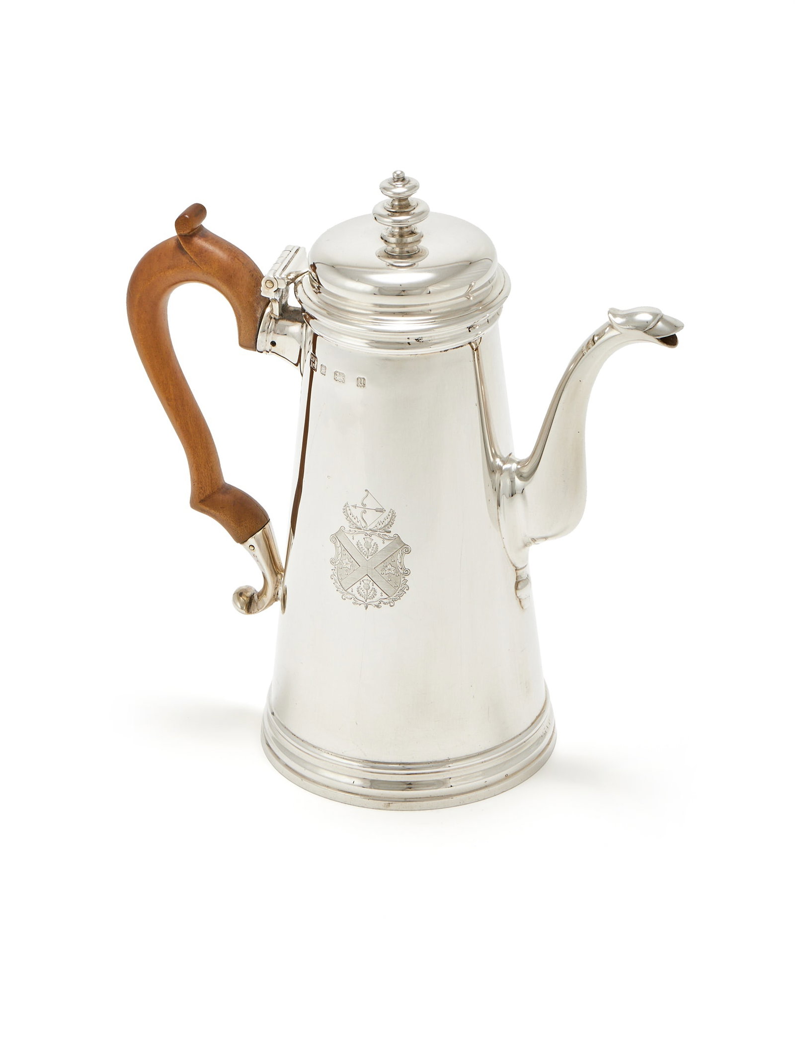 A SILVER TAPERING COFFEE POT, C. J. VANDER LTD., LONDON 1935: A SILVER TAPERING COFFEE POTC. J. VANDER LTD., LONDON 1935With a double knopped finial to the domed cover, a wood double scroll handle and engraved with an armorial 22.5cm high846g (27.2 oz) gross