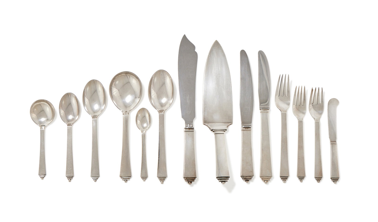 GEORG JENSEN, A DANISH SILVER PYRAMID PATTERN PART TABLE SERVICE, CIRCA 1945 - 1951 (1 of 2)