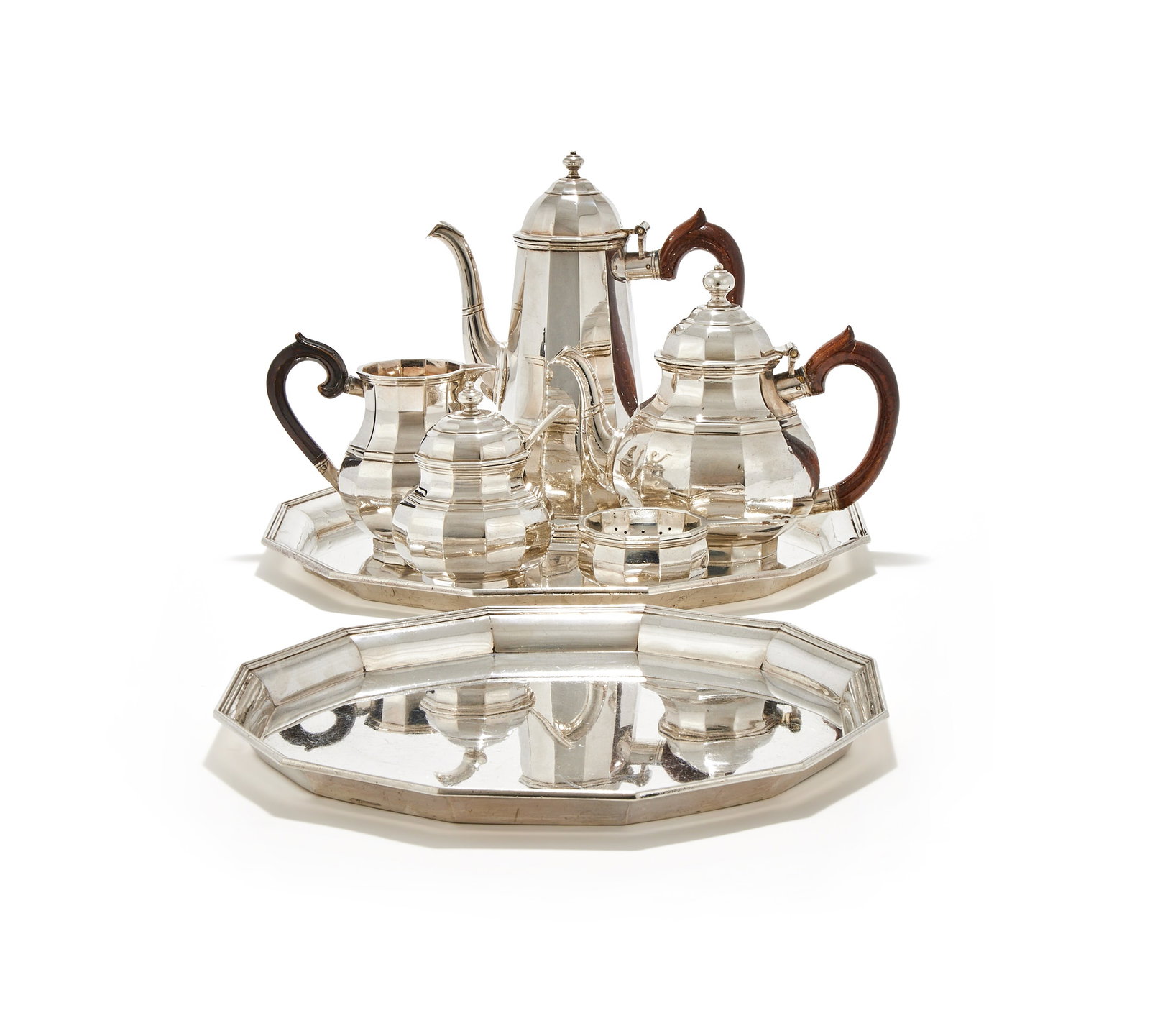 BULGARI LTD., A SILVER BRITANNIA STANDARD FIVE PIECE FACETTED TEA AND COFFEE SET AND TWO TRAYS (1 of 3)