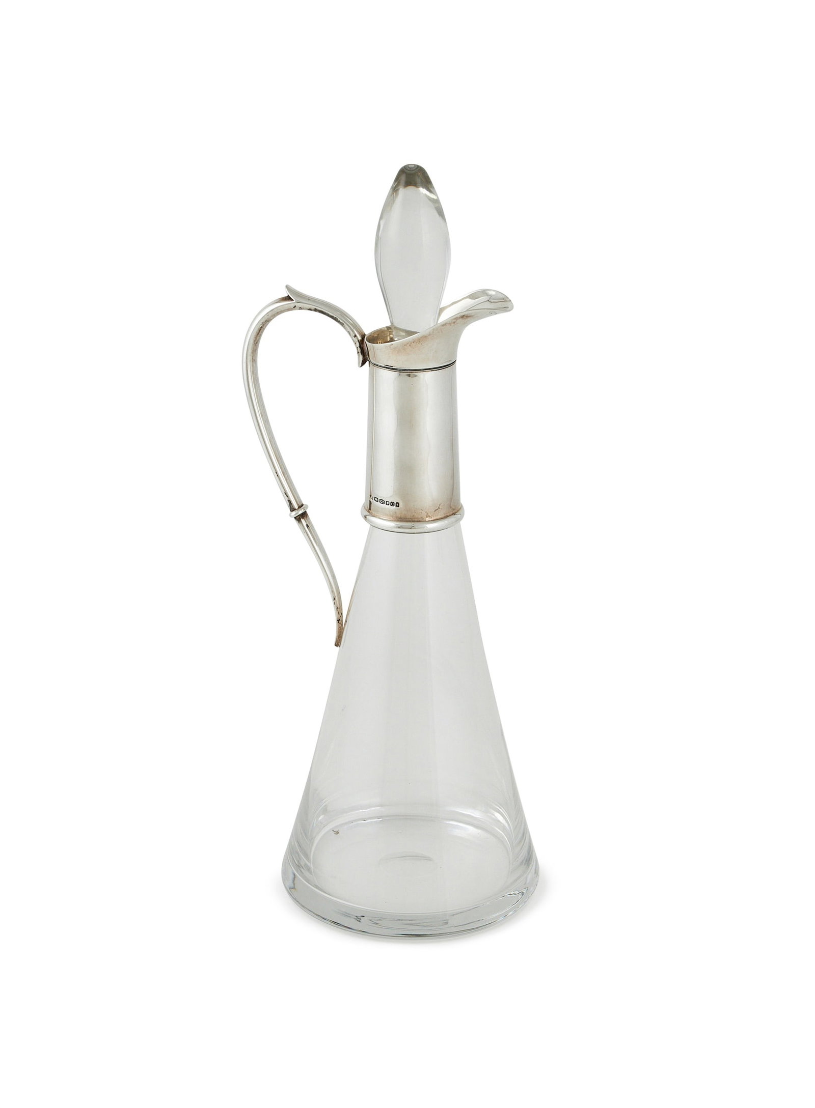 A SILVER MOUNTED AND GLASS CLARET JUG, MAKER'S MARK T. R. S., LONDON 2002: A SILVER MOUNTED AND GLASS CLARET JUGMAKER'S MARK T. R. S., LONDON 2002The tapering body with a silver spout, collar and scroll handle38.5cm high