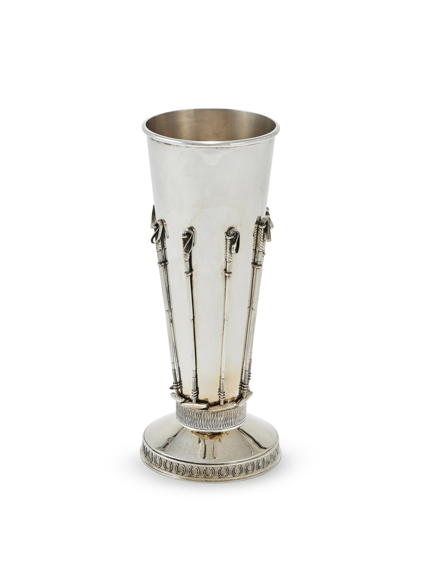 A SILVER TAPERING VASE, ASPREY & CO. LTD., LONDON 1996: A SILVER TAPERING VASEASPREY & CO. LTD., LONDON 1996Applied with a band of polo mallets, the domed circular foot with a band of horseshoes 26.5cm high957g (30.8 oz)