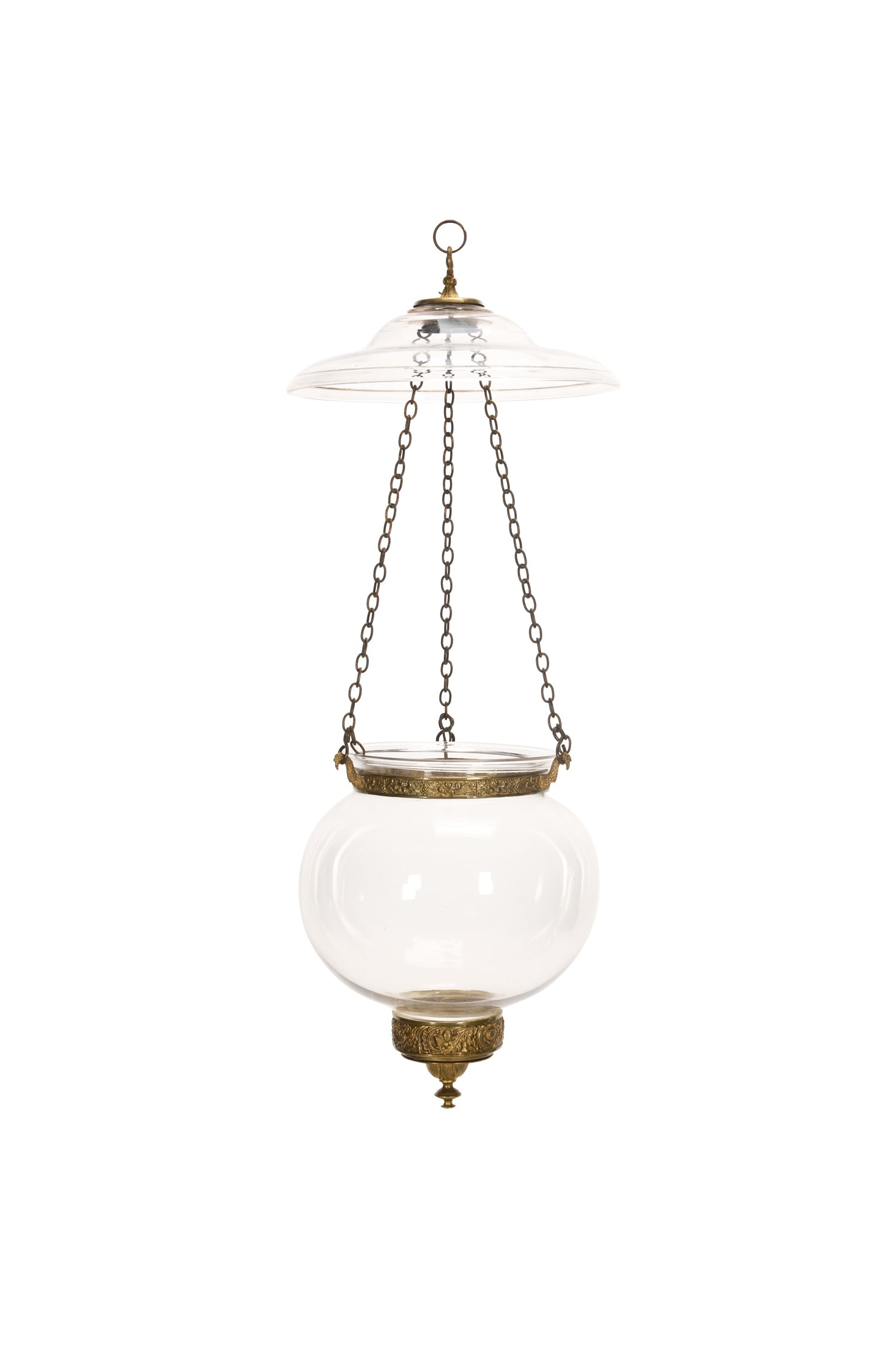 A REGENCY GILT BRASS MOUNTED GLASS GLOBE HANGING LIGHT, EARLY 19TH CENTURY: A REGENCY GILT BRASS MOUNTED GLASS GLOBE HANGING LIGHTPOSSIBLY SCOTTISH, EARLY 19TH CENTURY With metal fitments/mounts and original smoke shade, 3 chain suspension, fitted for electricity 64cm high ov