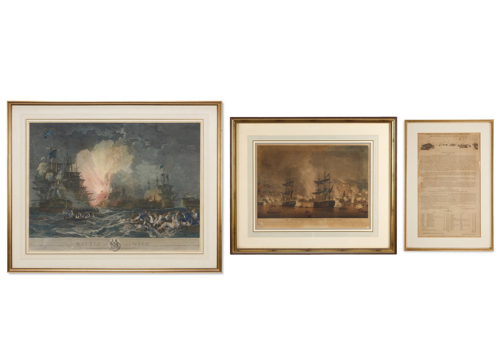 JAMES FITTLER (BRITISH 1758-1835), AFTER PHILIP JAMES DE LOUTHERBERG (1740-1812): JAMES FITTLER (BRITISH 1758-1835), AFTER PHILIP JAMES DELOUTHERBERG (1740-1812)BATTLE OF THE NILE, 1 AUGUST 1798Hand-coloured engraving59 x 77cm (23 x 30in.) (3)Together with an accompanying contempor