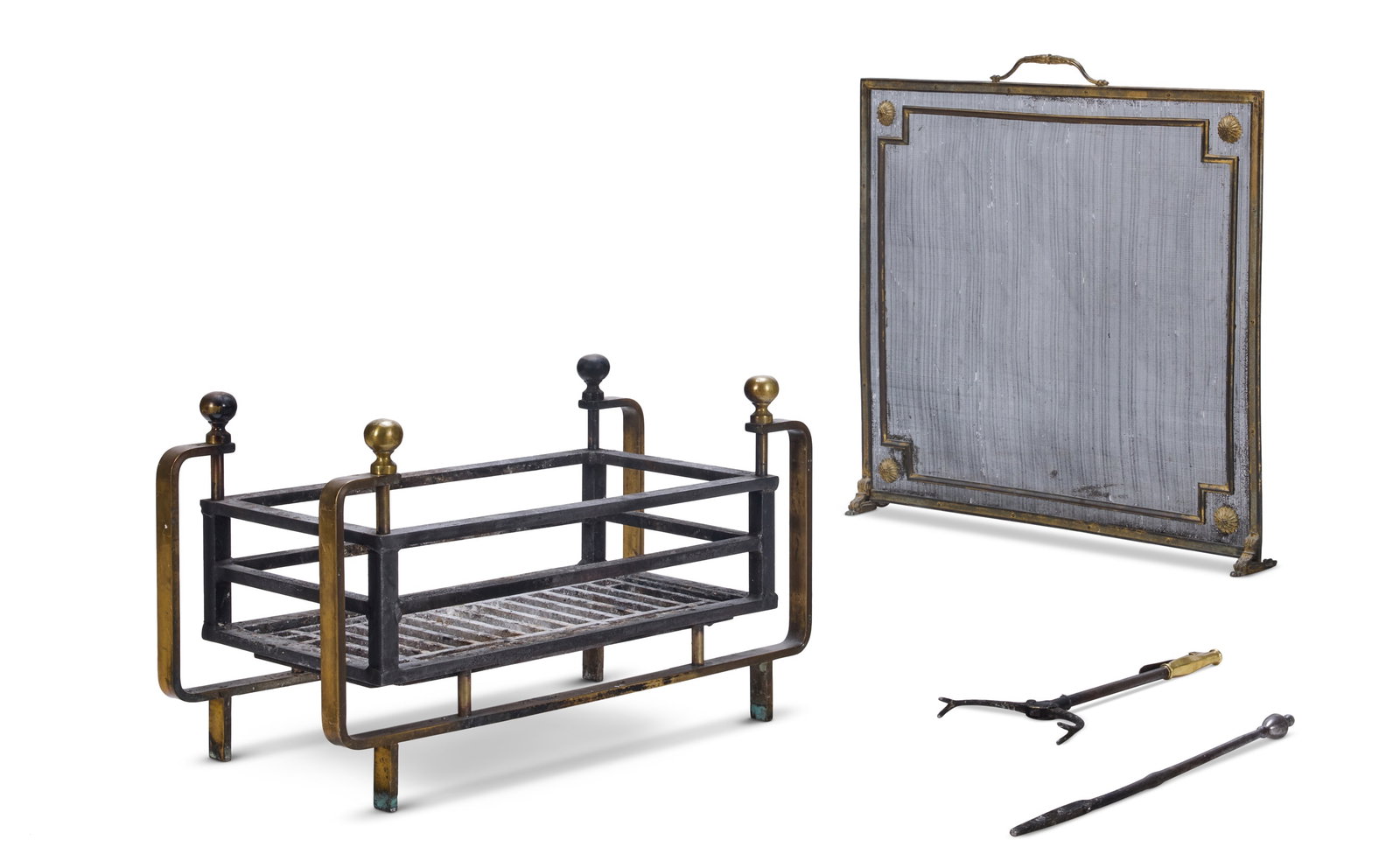 A BRASS & IRON FIRE BASKET IN THE FRENCH ART DECO MANNER (1 of 2)