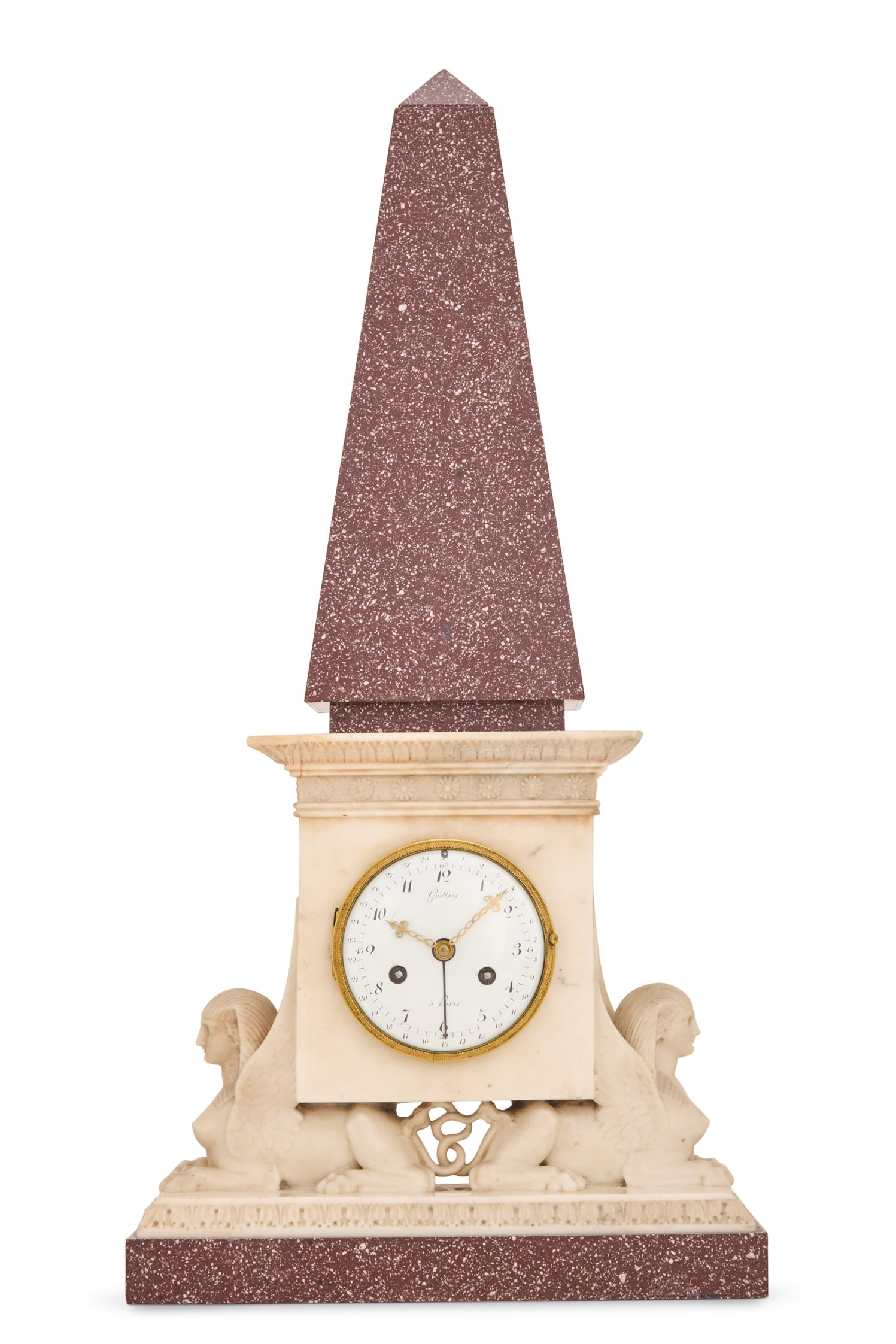 A FRENCH EMPIRE IMPERIAL PORPHYRY AND WHITE MARBLE MANTEL CLOCK (1 of 4)