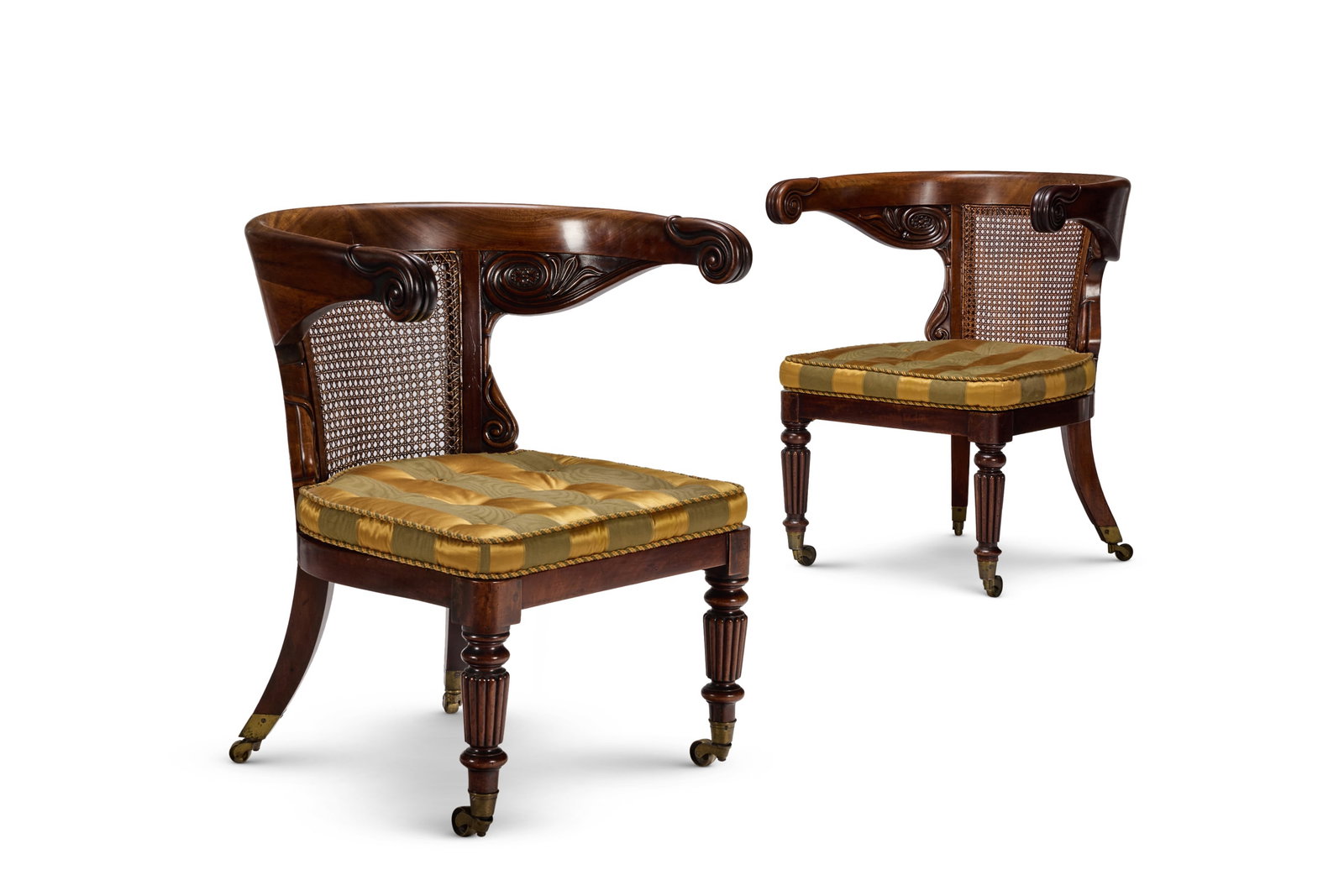 A MATCHED PAIR OF REGENCY MAHOGANY AND CANED 'KLISMOS' LIBRARY ARMCHAIRS, CIRCA 1820 (1 of 3)