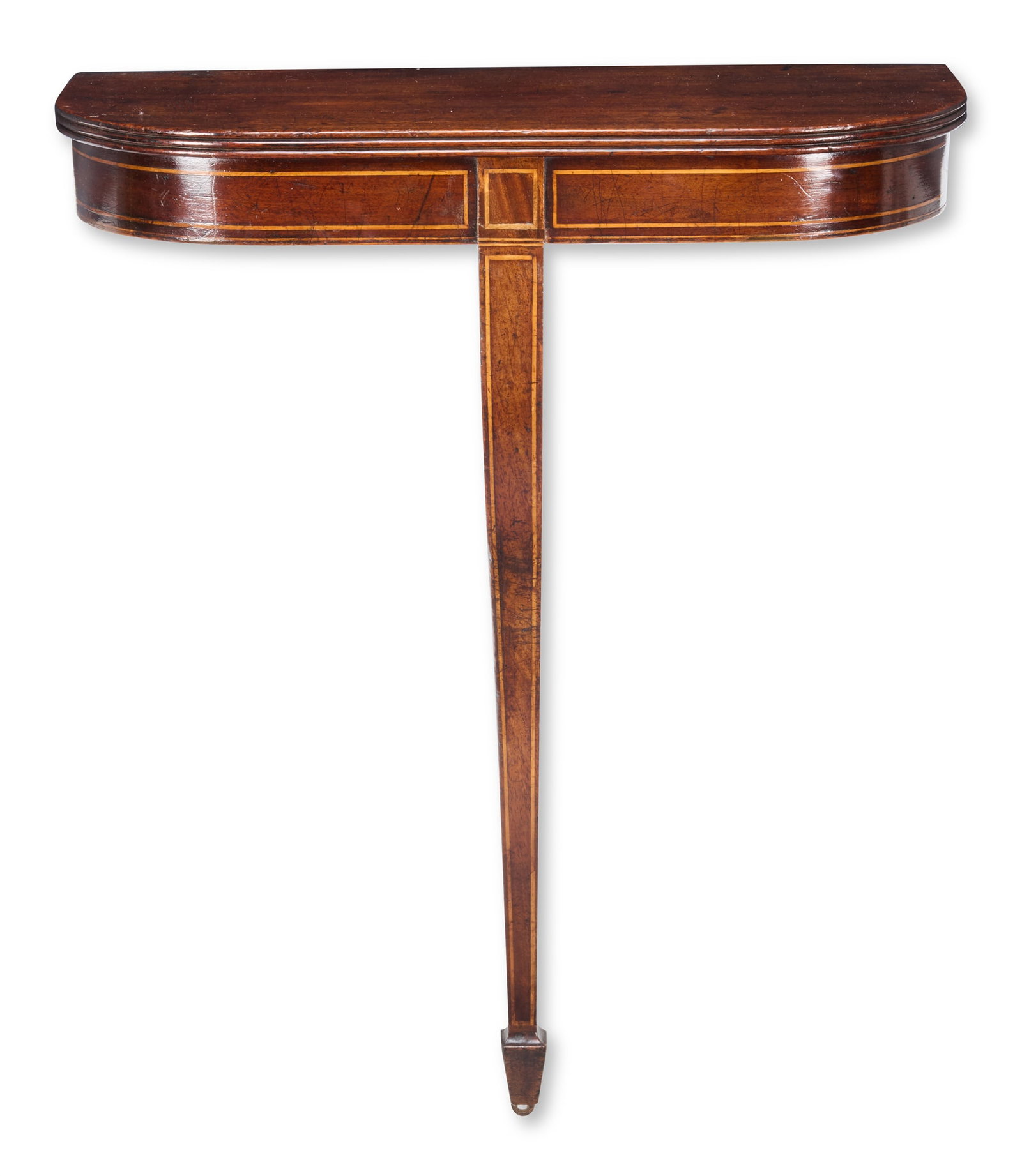 A GEORGE III MAHOGANY AND BOXWOOD LINED CONSOLE, LATE 18TH CENTURY: A GEORGE III MAHOGANY AND BOXWOOD LINED CONSOLELATE 18TH CENTURYThe rounded rectangular top with a reeded edge on a tapering support72cm high, 53cm wide, 23cm deep