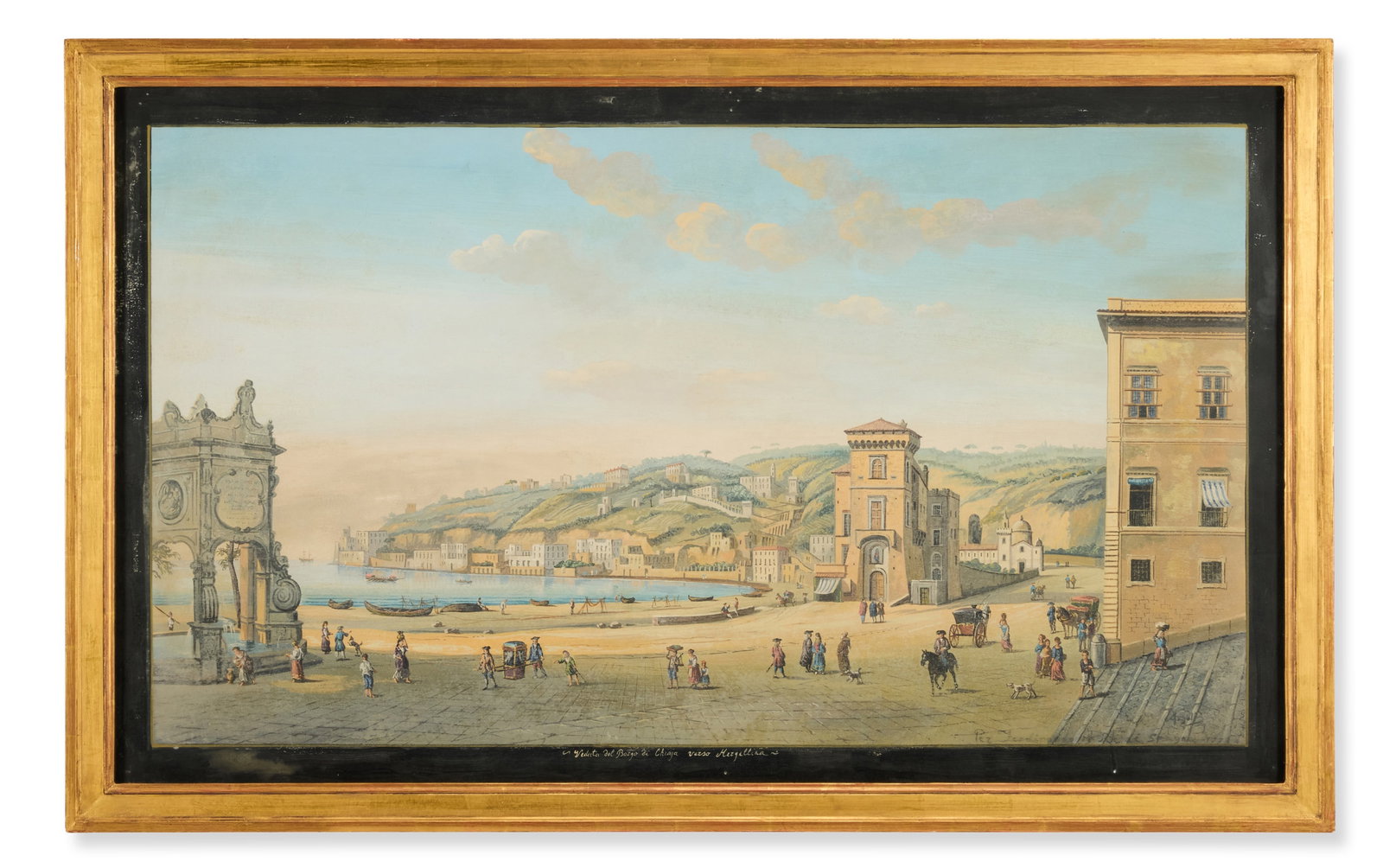 AFTER ANTONIO JOLI, VIEW OF SANTA LUCIA, NAPLES; AND VIEW OF THE VILLAGE OF CHIAIA: AFTER ANTONIO JOLIVIEW OF SANTA LUCIA, NAPLES; AND VIEW OF THE VILLAGE OF CHIAIA TOWARDSMERGELLINABodycolour, a pairBoth inscribed with titles (lower centre); bearing inscription and date ‘PezFe