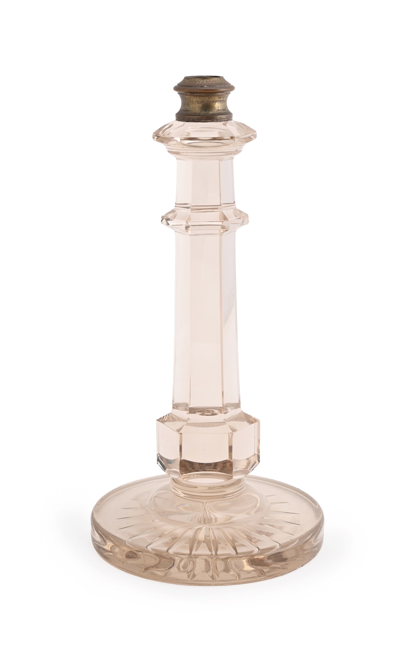 A VICTORIAN CUT GLASS LAMP BASE, MID/LATE 19TH CENTURY: A VICTORIAN CUT GLASS LAMP BASE MID/LATE 19TH CENTURY Of smoky grey/pink colour, hexagonal stem, star cut circular base 34.5cm high, base 17.3cm diameter 