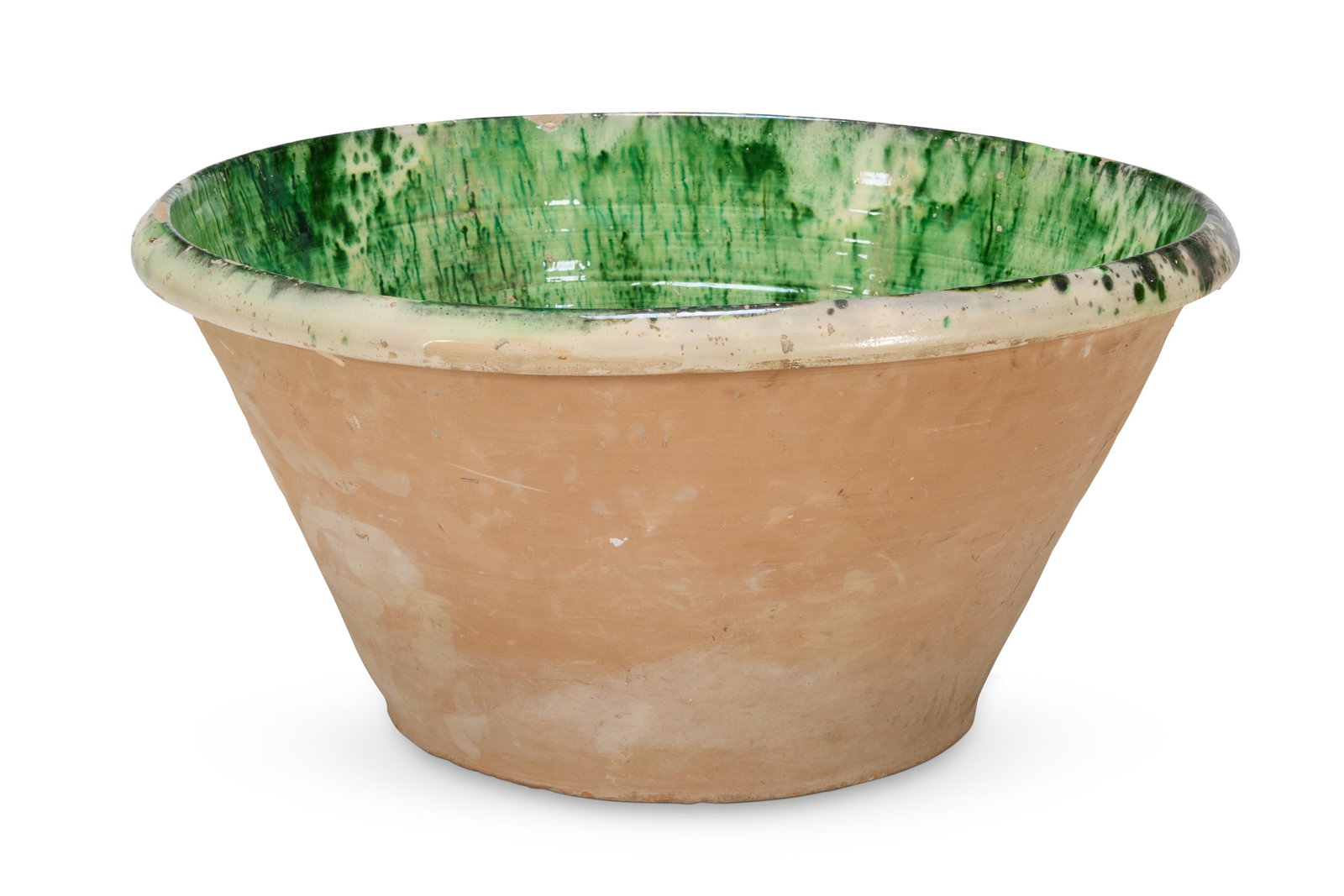 A LARGE GREEN GLAZED TERRACOTTA SERVING BOWL , FRENCH OR ITALIAN, 19TH CENTURY : A LARGE GREEN GLAZED TERRACOTTA SERVING BOWL FRENCH OR ITALIAN, 19TH CENTURY 29.5cm high, top 64cm diameter 