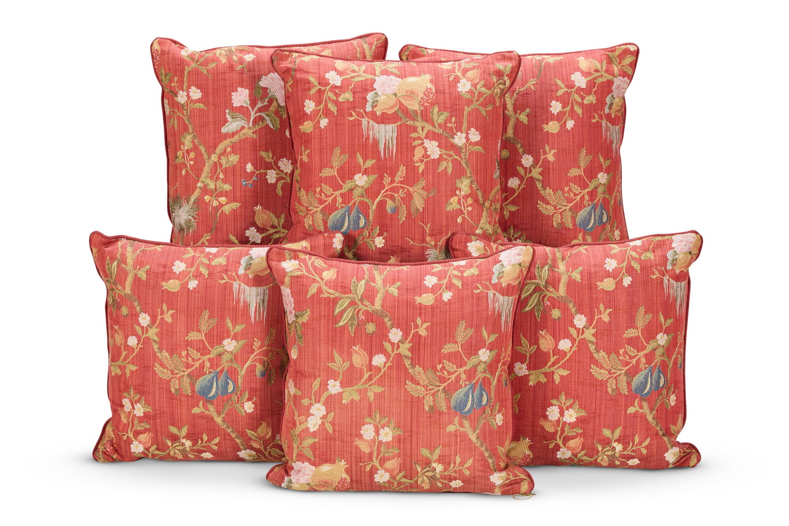 A SET OF SIX CUSHIONS COVERED IN THE 'MELOGRANO' DESIGN FLORAL LAMPAS (1 of 2)