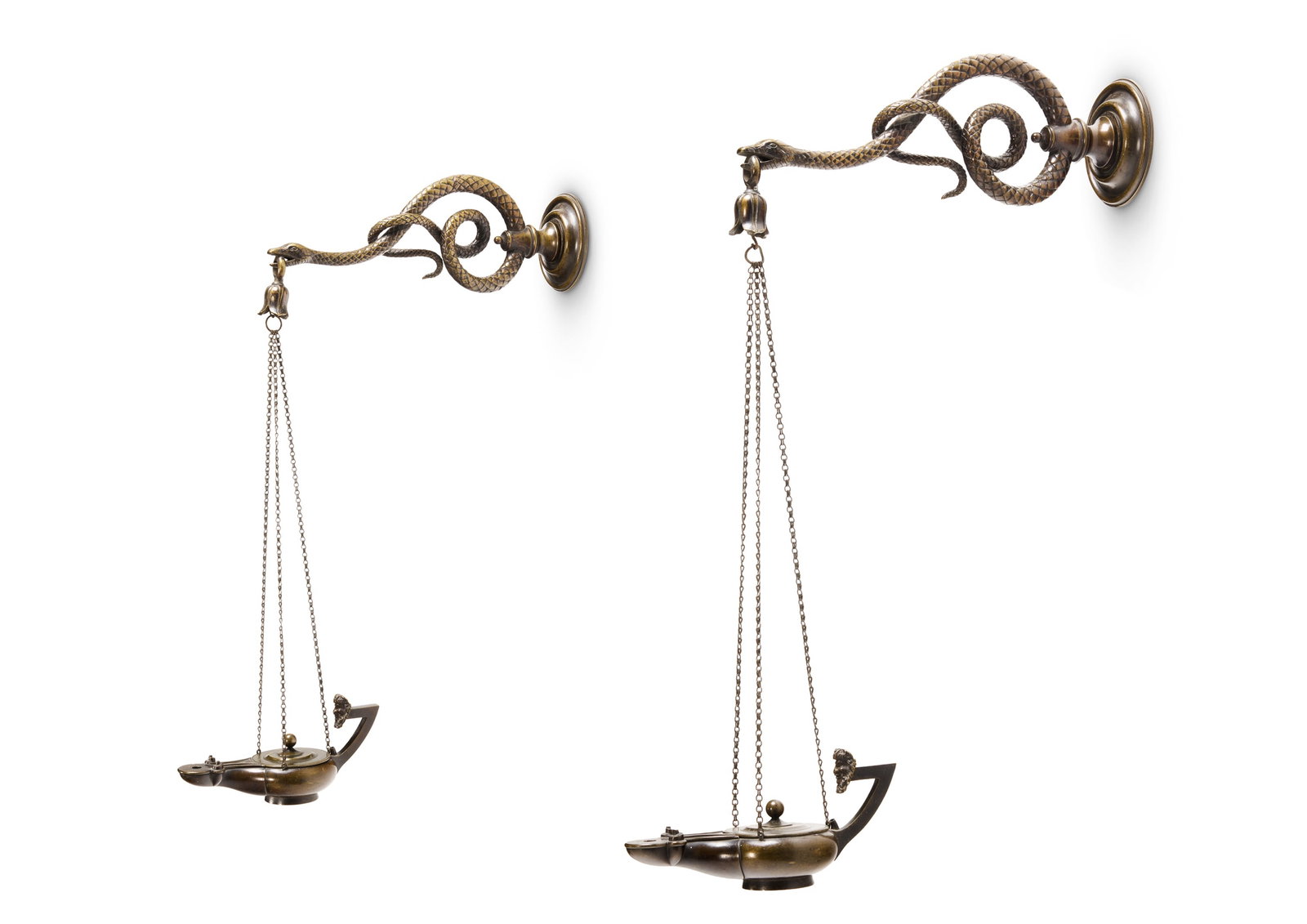 A PAIR OF REGENCY GILT LACQUERED BRONZE SATYR OIL LAMPS AND SERPENT BRACKETS (1 of 4)