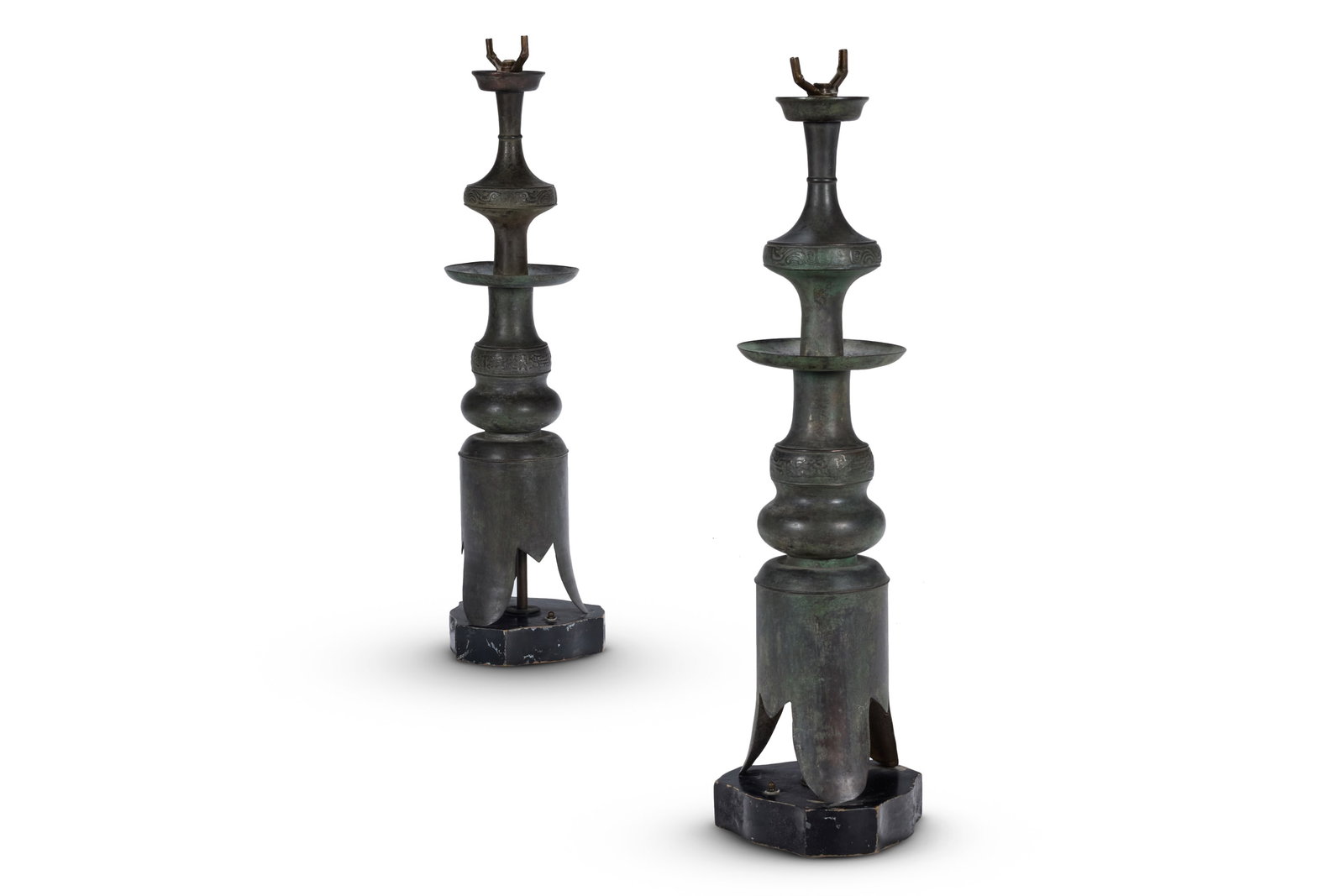 A PAIR OF BRONZE LIGHT BASES OF CHINESE ARCHAIC FORM, AMERICAN, EARLY/MID 20TH CENTURY (1 of 3)