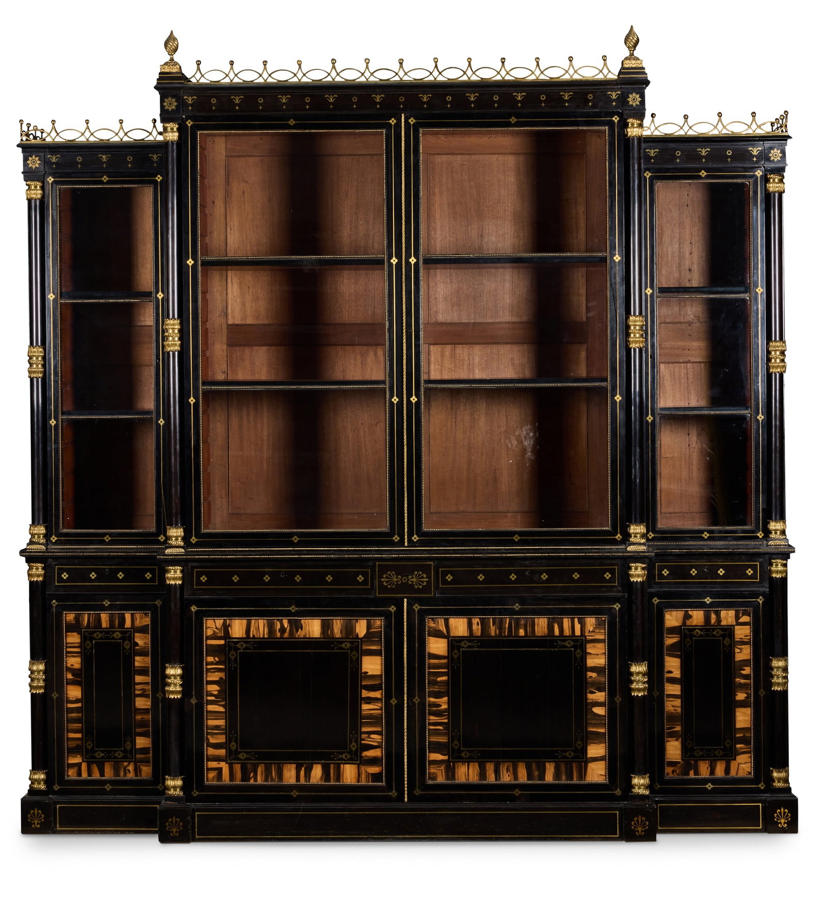 Y A REGENCY GILT-BRASS MOUNTED AND INLAID EBONY AND CALAMANDER BREAKFRONT BOOKCASE (1 of 3)
