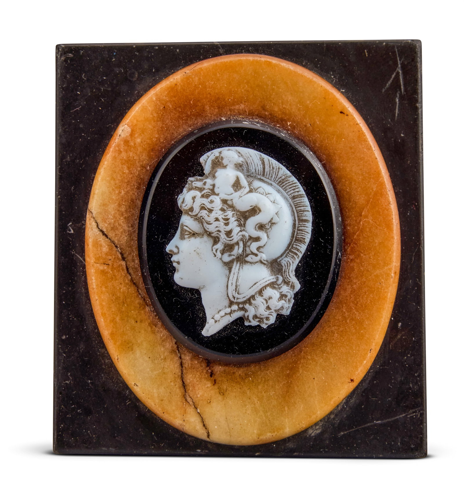 A GRAND TOUR STYLE MARBLE CAMEO PAPERWEIGHT, EARLY 20TH CENTURY: A GRAND TOUR STYLE MARBLE CAMEO PAPERWEIGHTEARLY 20TH CENTURY8.5cm high, 7.6cm wideTogether with a horn box inlaid with a lion in copper, silver and abalone, 19th century, 9.5cm wide