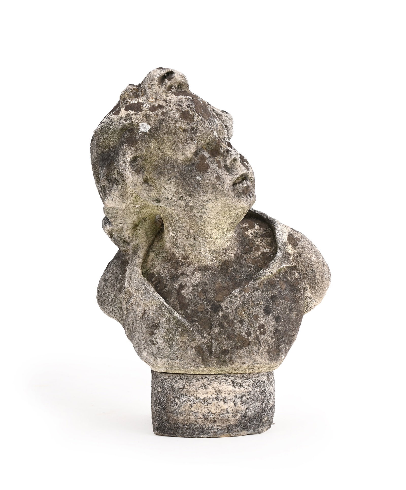 A WEATHERED CARVED MARBLE BUST OF A CHILD , PROBABLY LATE 18TH/EARLY 19TH CENTURY : A WEATHERED CARVED MARBLE BUST OF A CHILD PROBABLY LATE 18TH/EARLY 19TH CENTURY Either a boy with long hair or a young girl, hilt tilted up looking to their left, with metal pin onto rectang