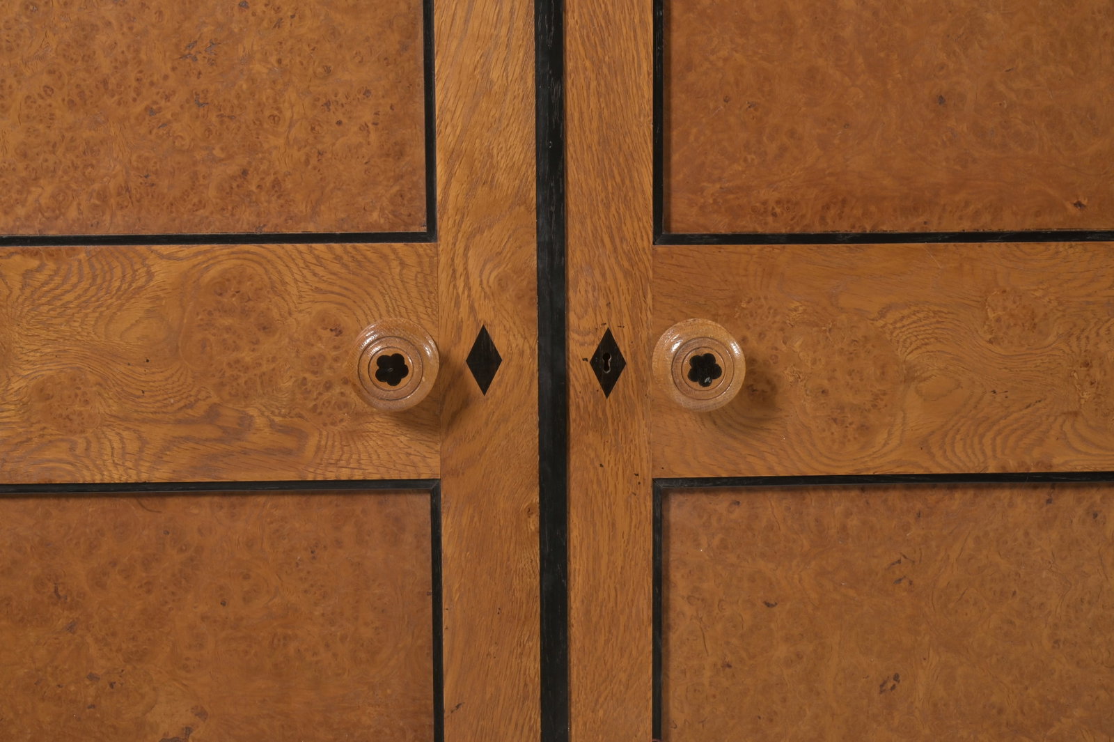 Y A SIX-CUPBOARD EBONY STRUNG AND PAINTED BURR OAK FITTED WARDROBE SUITE, WITH SMALLER WARDROBE - 5