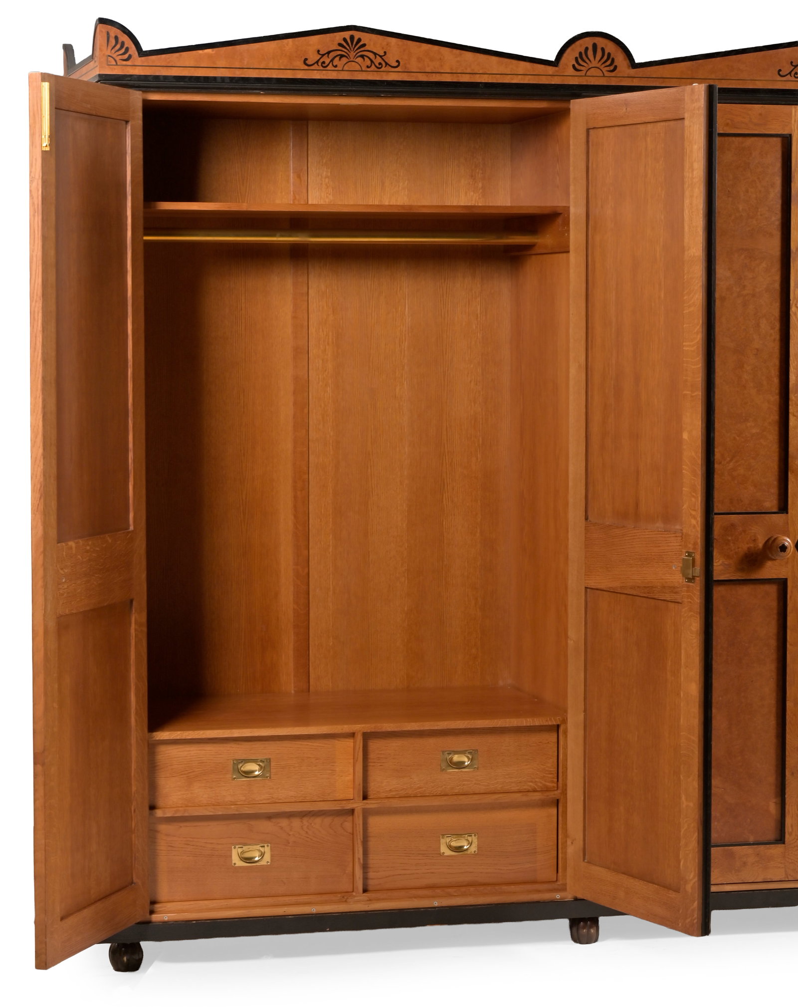 Y A SIX-CUPBOARD EBONY STRUNG AND PAINTED BURR OAK FITTED WARDROBE SUITE, WITH SMALLER WARDROBE - 6