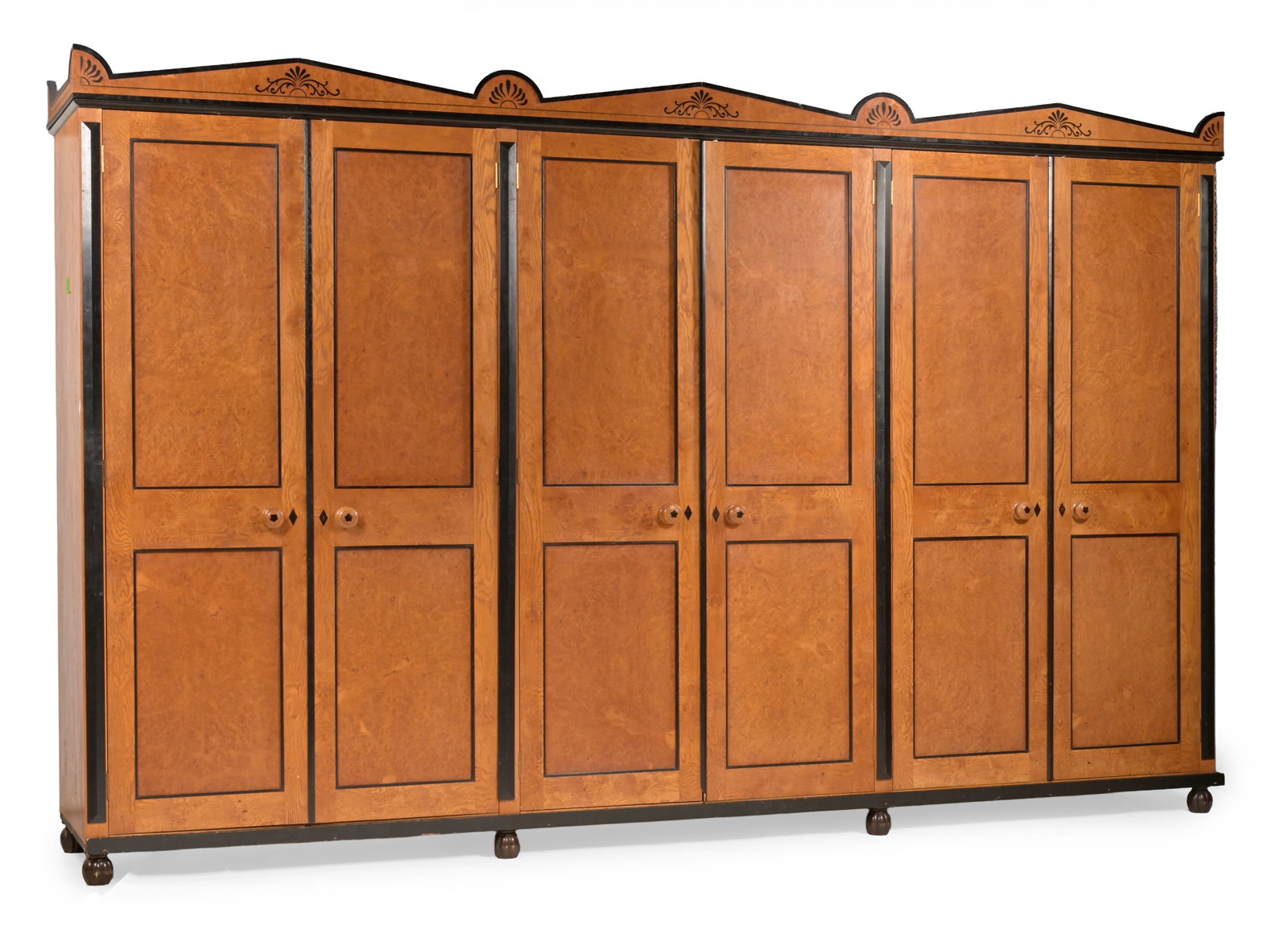 Y A SIX-CUPBOARD EBONY STRUNG AND PAINTED BURR OAK FITTED WARDROBE SUITE, WITH SMALLER WARDROBE - 7