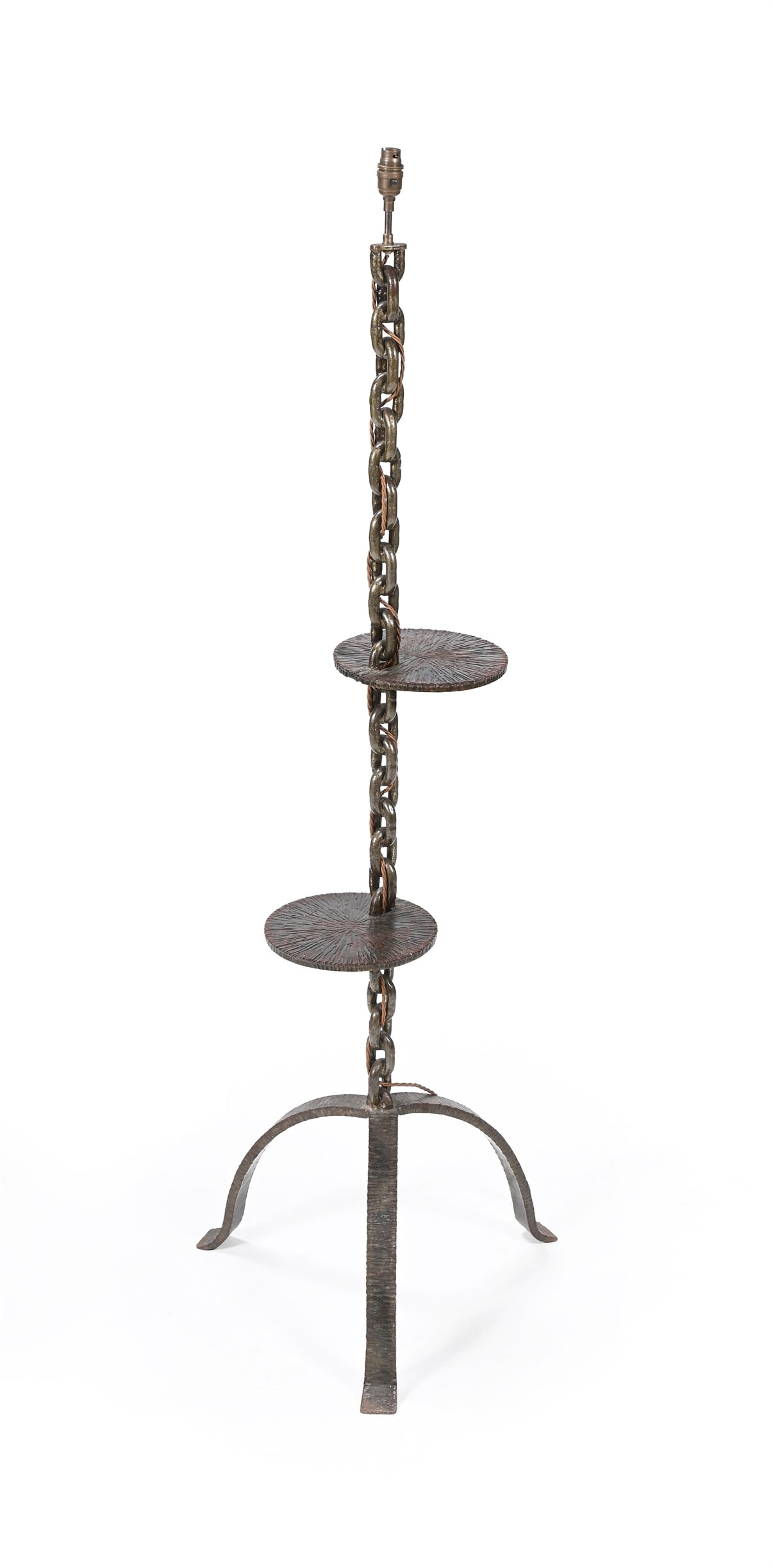 A FRENCH STANDING LAMP, SECOND HALF 20TH CENTURY: FRENCHSTANDING LAMP, SECOND HALF 20TH CNETURYIron, chain stand and textured disc shelves and tri-foot155.5cm high