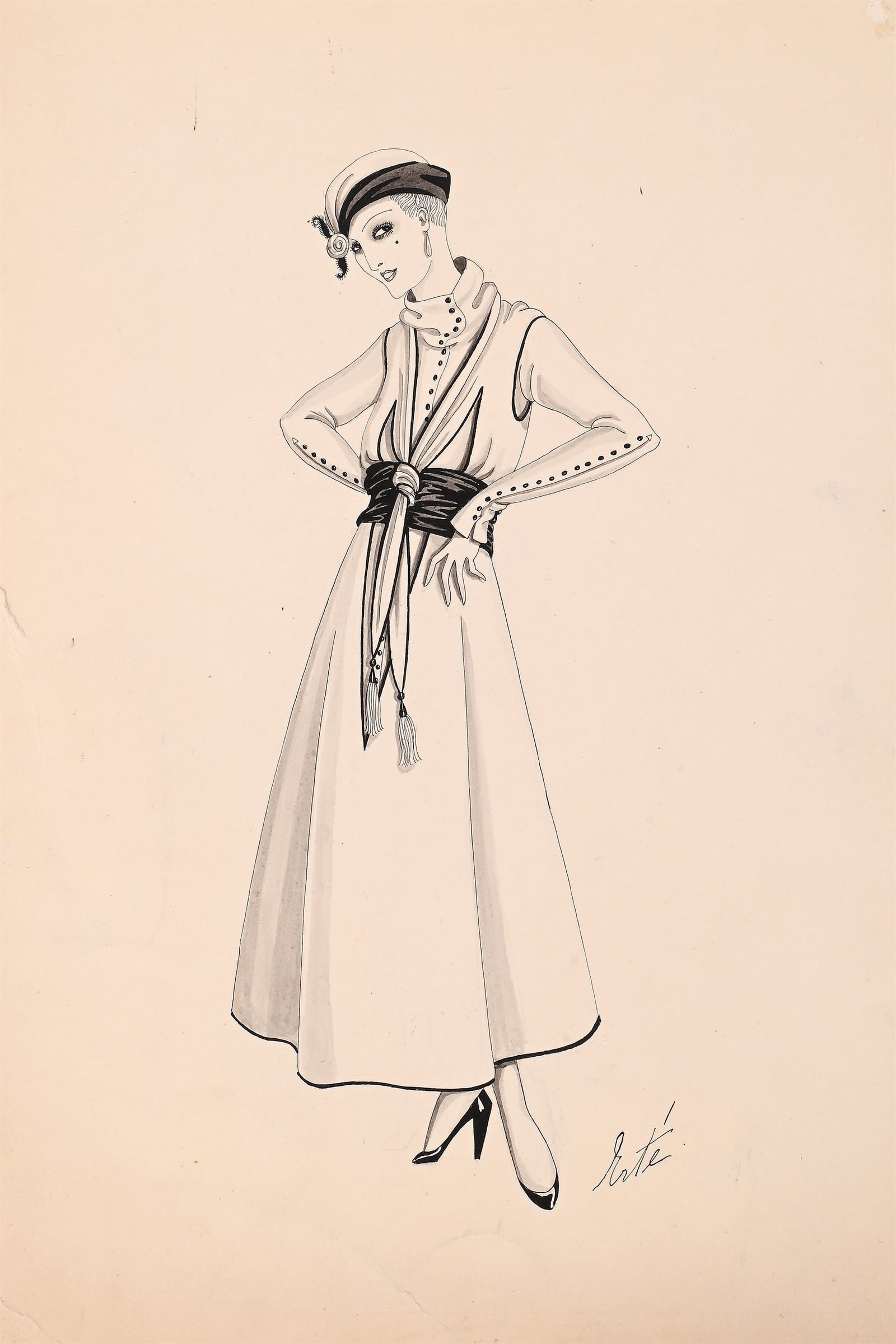 λ ERTÉ (FRENCH, 1892-1990), AFTERNOON DRESS FASHION DESIGN, 1914: λ ERTÉ (FRENCH, 1892-1990)AFTERNOON DRESS FASHION DESIGN, 1914Ink, pencil Signed lower right; dated with studio and 'Composition originale' verso 31.5cm x 24cm Provenance:Acqu