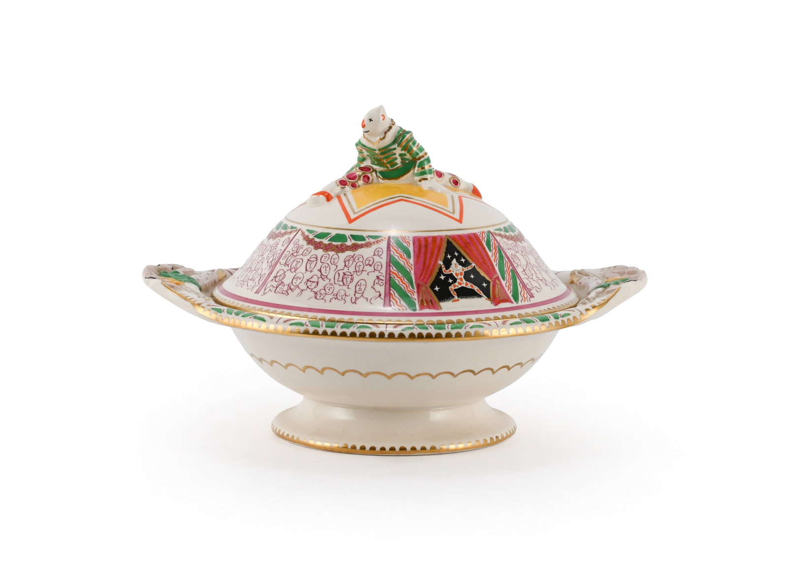 DAME LAURA KNIGHT (BRITISH, 1877-1970), 'CIRCUS' SERVING DISH WITH LID, DESIGNED 1934: DAME LAURA KNIGHT (BRITISH, 1877-1970)'CIRCUS' SERVING DISH WITH LID, DESIGNED 1934Polychrome ceramic with gilt highlights, the handles modelled with double clown/acrobat, the lid with clown/acrobat i