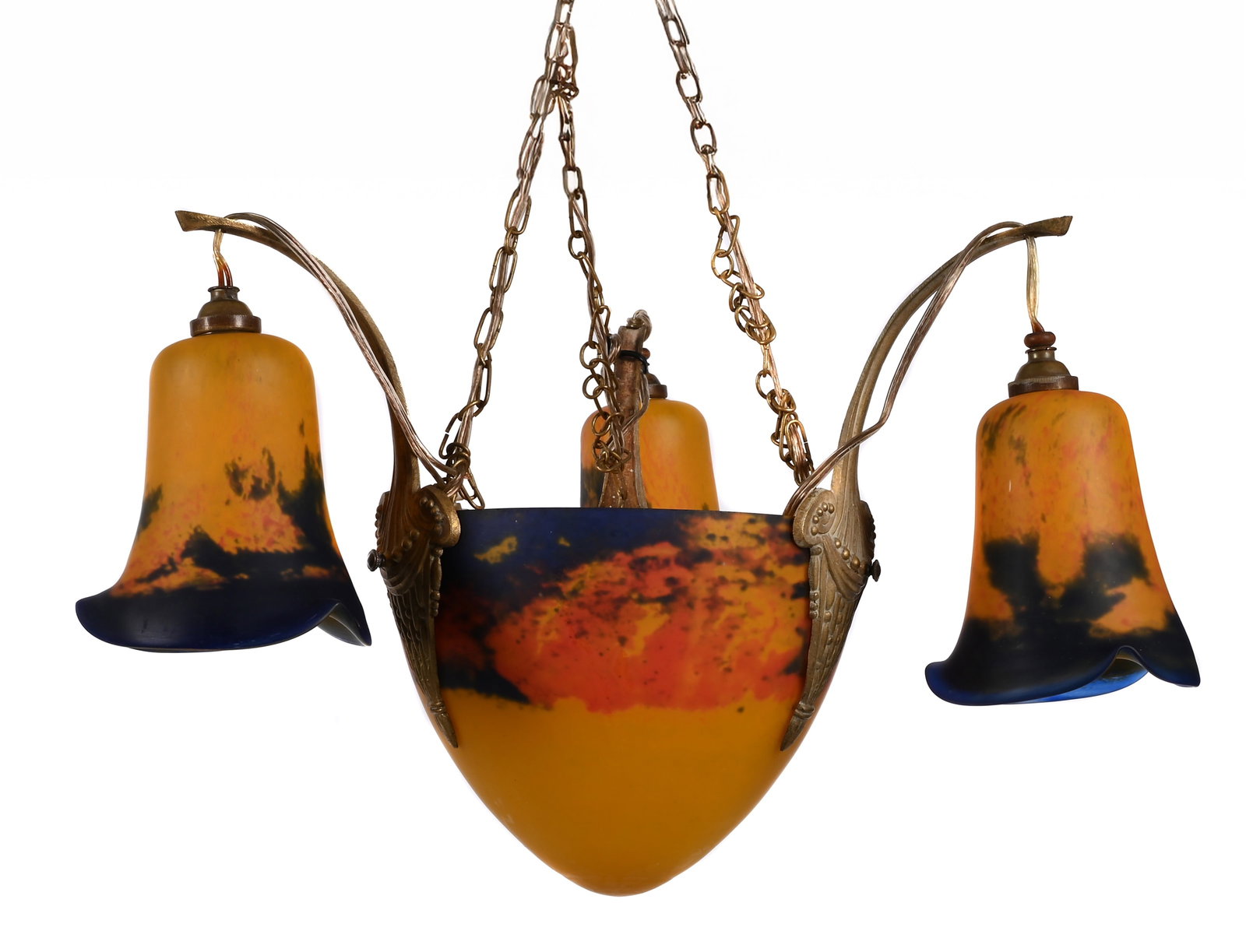 IN THE MANNER OF MULLER FRÈRES (FRENCH) CHANDELIER, EARLY 20TH CENTURY: IN THE MANNER OF MULLER FRÈRES (FRENCH)CHANDELIER, EARLY 20TH CENTURYMottled orange and blue/purple glass, gilt metal with three suspended cylindrical shades42cm hang, 35cm wide