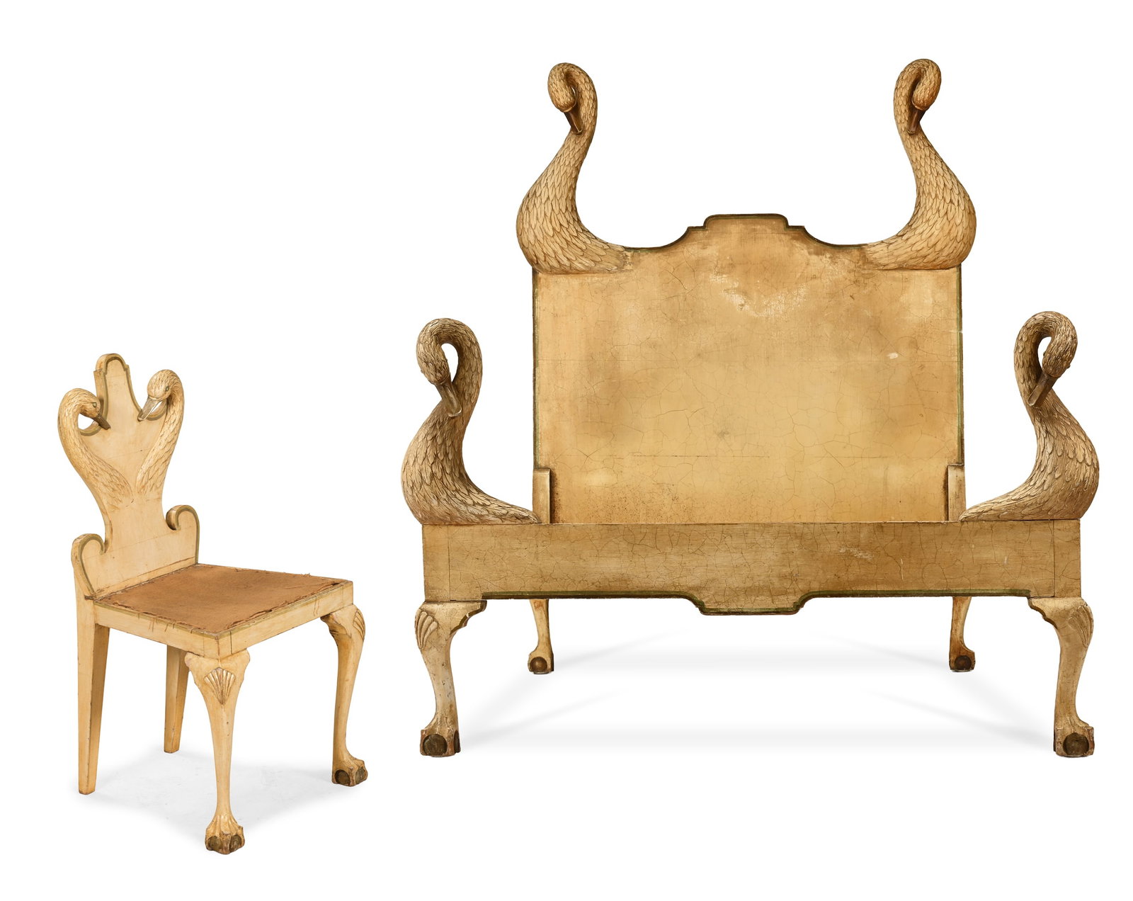 ART DECO, SWAN BED AND CHAIR, CIRCA 1930: ART DECOSWAN BED AND CHAIR, CIRCA 1930Painted beech, iron frameIron frame stamped 'REGISTERED/ VONO/ TRADEMARK'Bed: 156cm high, 116cm wide, 200cm longChair: 94cm high, 50cm wide, 45.5cm deep
