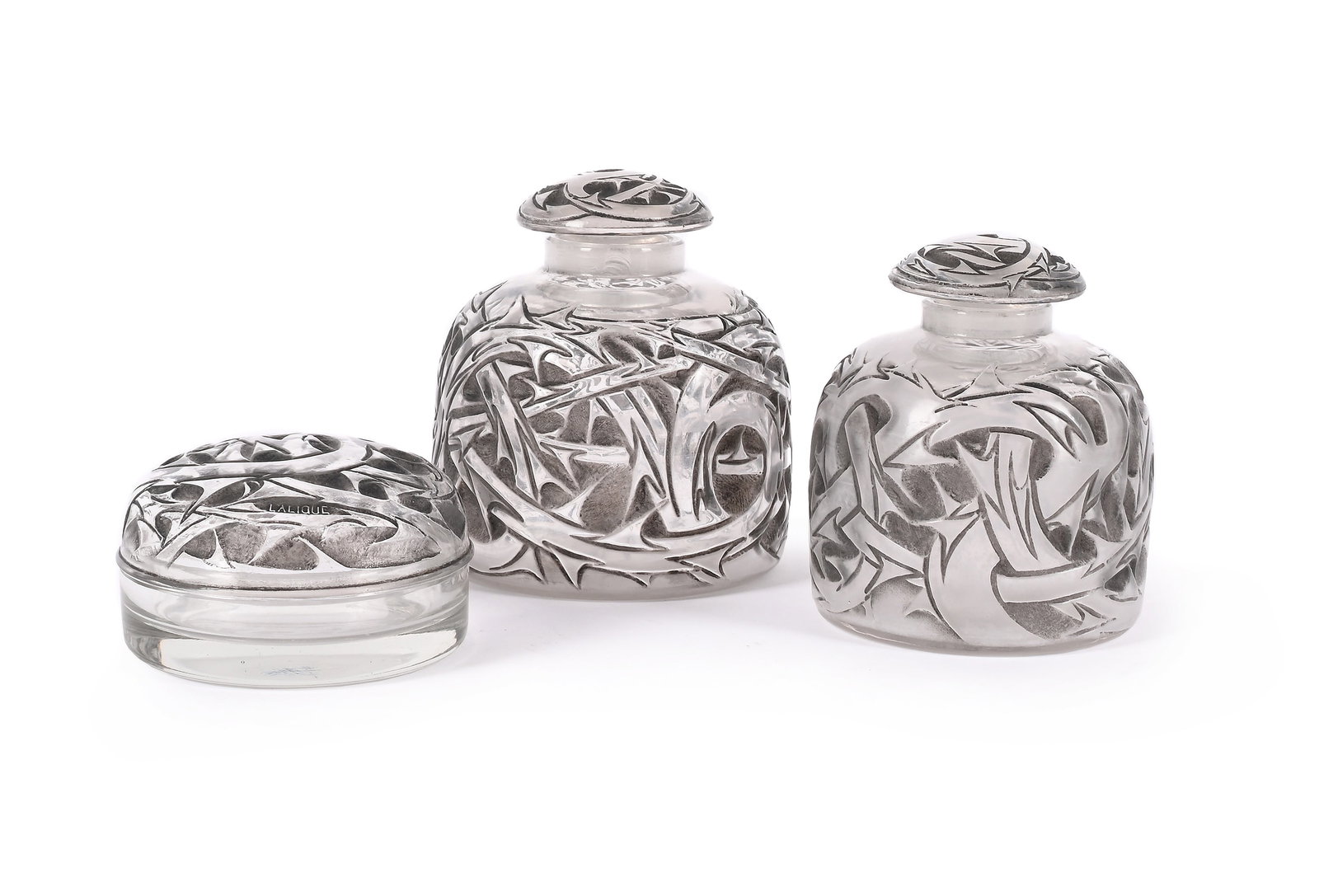 RENÉ LALIQUE (FRENCH, 1860-1945), TWO 'ÉPINES' SCENT BOTTLES AND CONTAINER, DESIGNED 1920, (1 of 4)