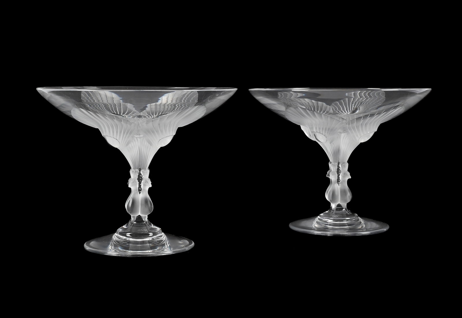 LALIQUE, PAIR OF 'VIRGINIA' COMPOTES, POST 1945 (1 of 4)