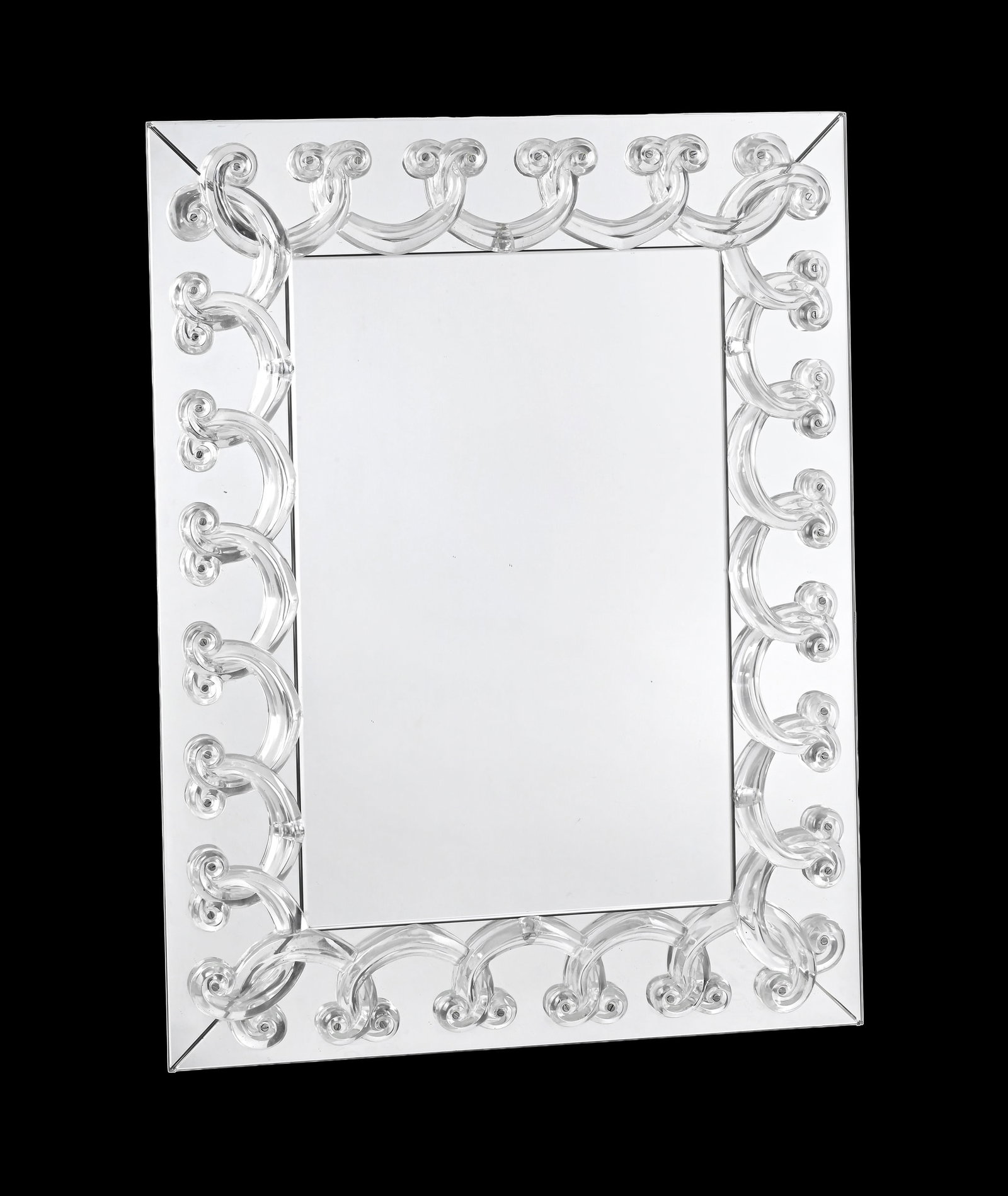 LALIQUE (FRENCH), 'RINCEAUX' MIRROR, DESIGNED 1950, SECOND HALF 20TH CENTURY: LALIQUE (FRENCH)'RINCEAUX' MIRROR, DESIGNED 1950, SECOND HALF 20TH CENTURY Clear and frosted glass86cm high, 65.5cm wide, 1.5cm deep Saleroom notice: This lot measures 65.5cm wide and not 25cm wide as